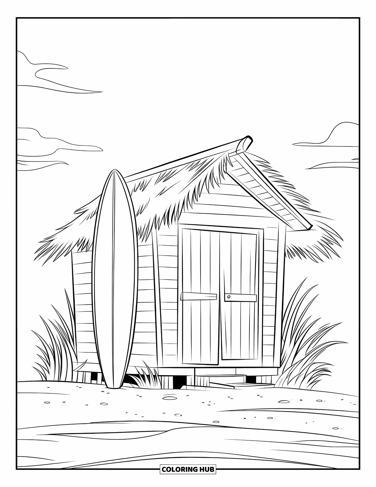 Desenho de Praia para Colorir para Crianças: Uma cabana de praia aconchegante com um telhado de palha e uma prancha de surfe encostada nela