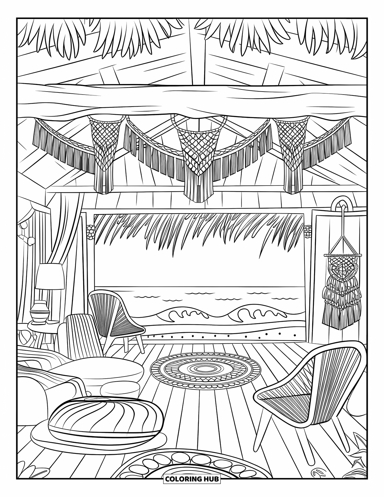 Desenho de Praia para Colorir para Crianças: Uma casa de praia boêmia aconchegante com tapetes de tecido e decoração de macramê