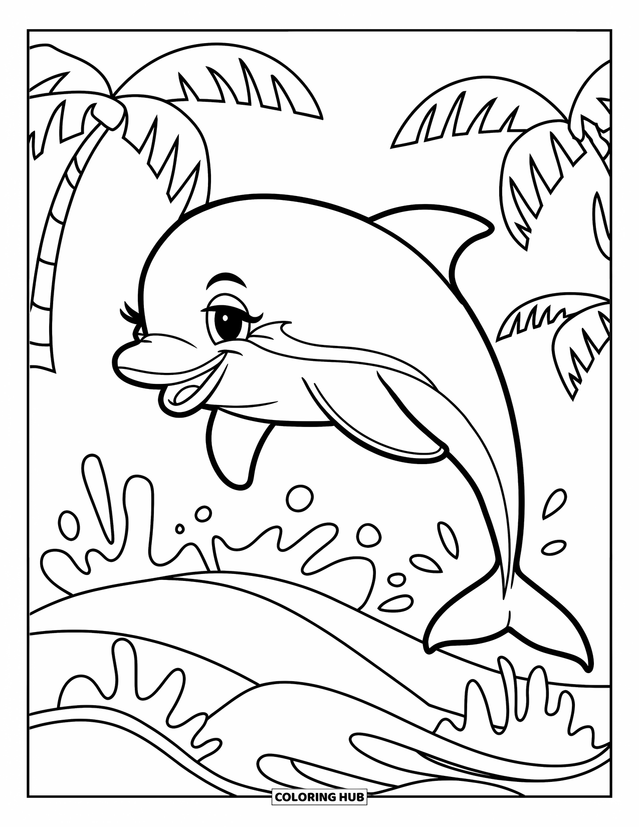 Desenho de Praia para Colorir para Crianças: Um golfinho fofo salta alegremente acima da água com uma expressão feliz