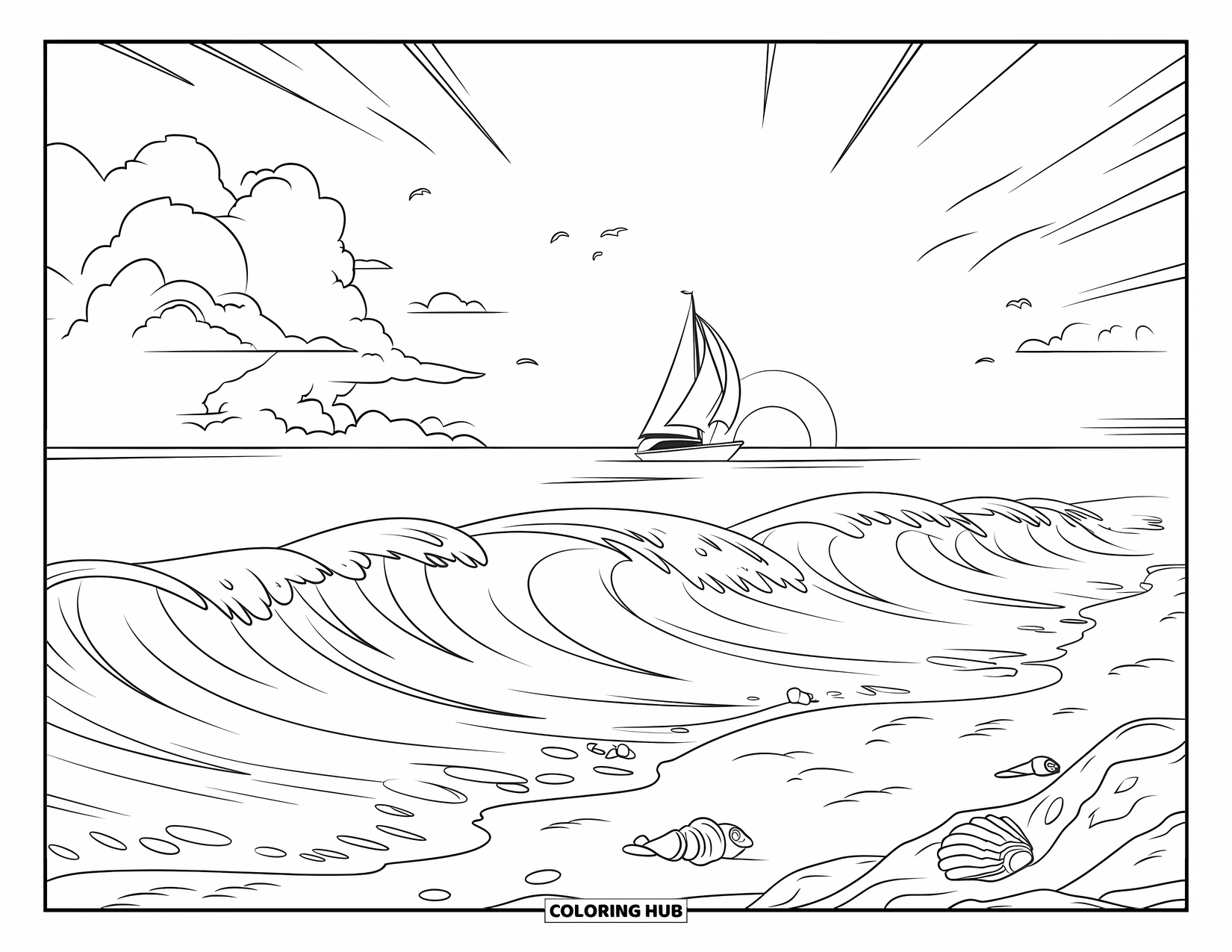 Desenho de Praia para Colorir para Crianças: Um veleiro distante no horizonte, emoldurado por ondas quebrando e areia macia
