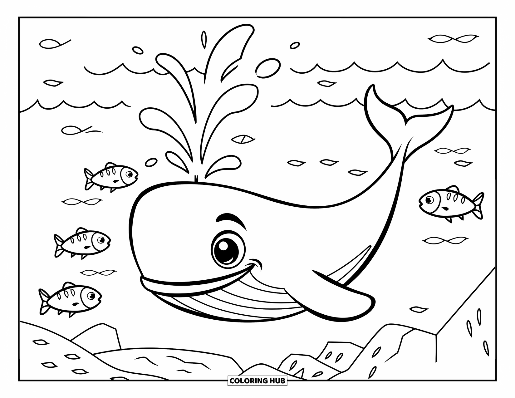 Desenho de Praia para Colorir para Crianças: Uma baleia amigável jorra água alegremente enquanto nada no oceano