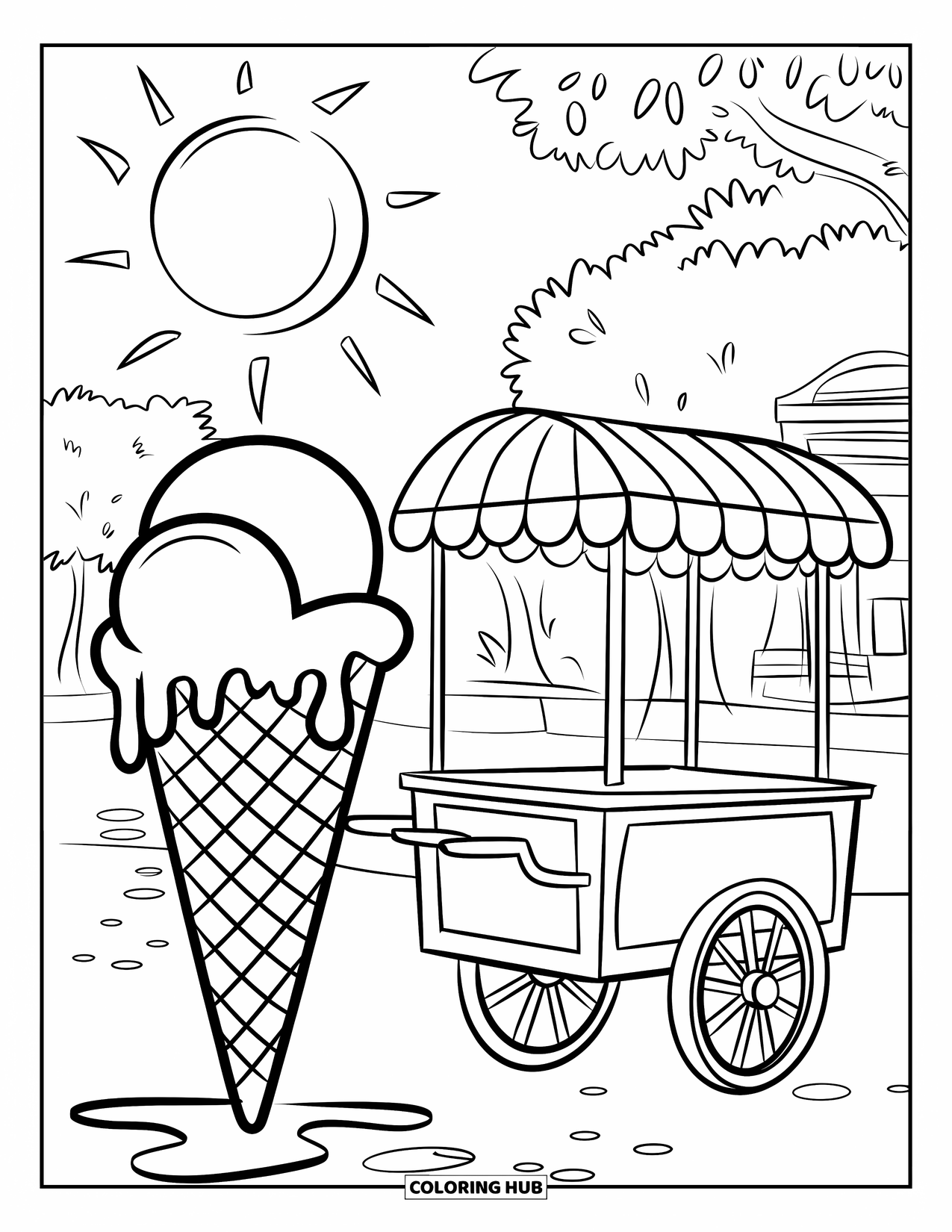 Desenho de Praia para Colorir para Crianças: Um carrinho de sorvete divertido com um cone derretendo em um dia quente