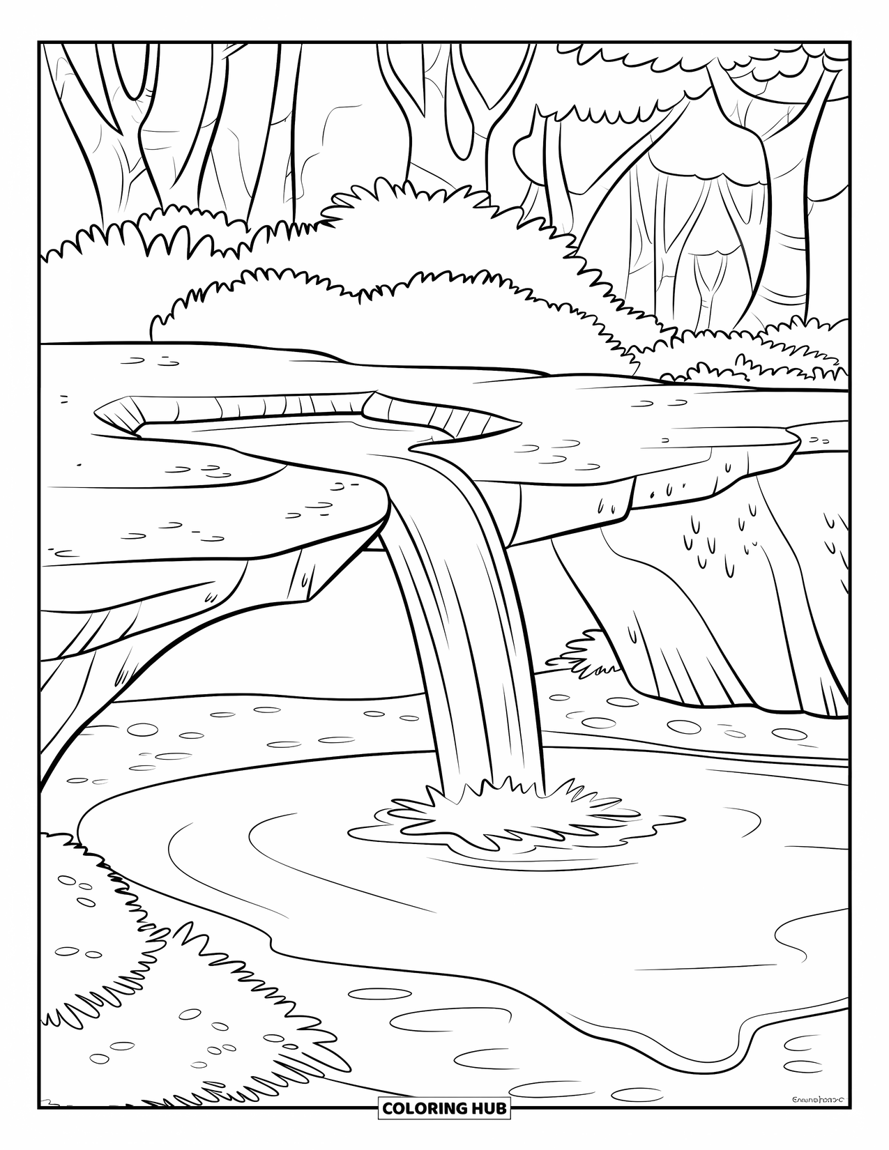 Desenho de Praia para Colorir para Crianças: Uma cachoeira suave deságua em uma lagoa de areia, emoldurada por árvores e rochas tropicais