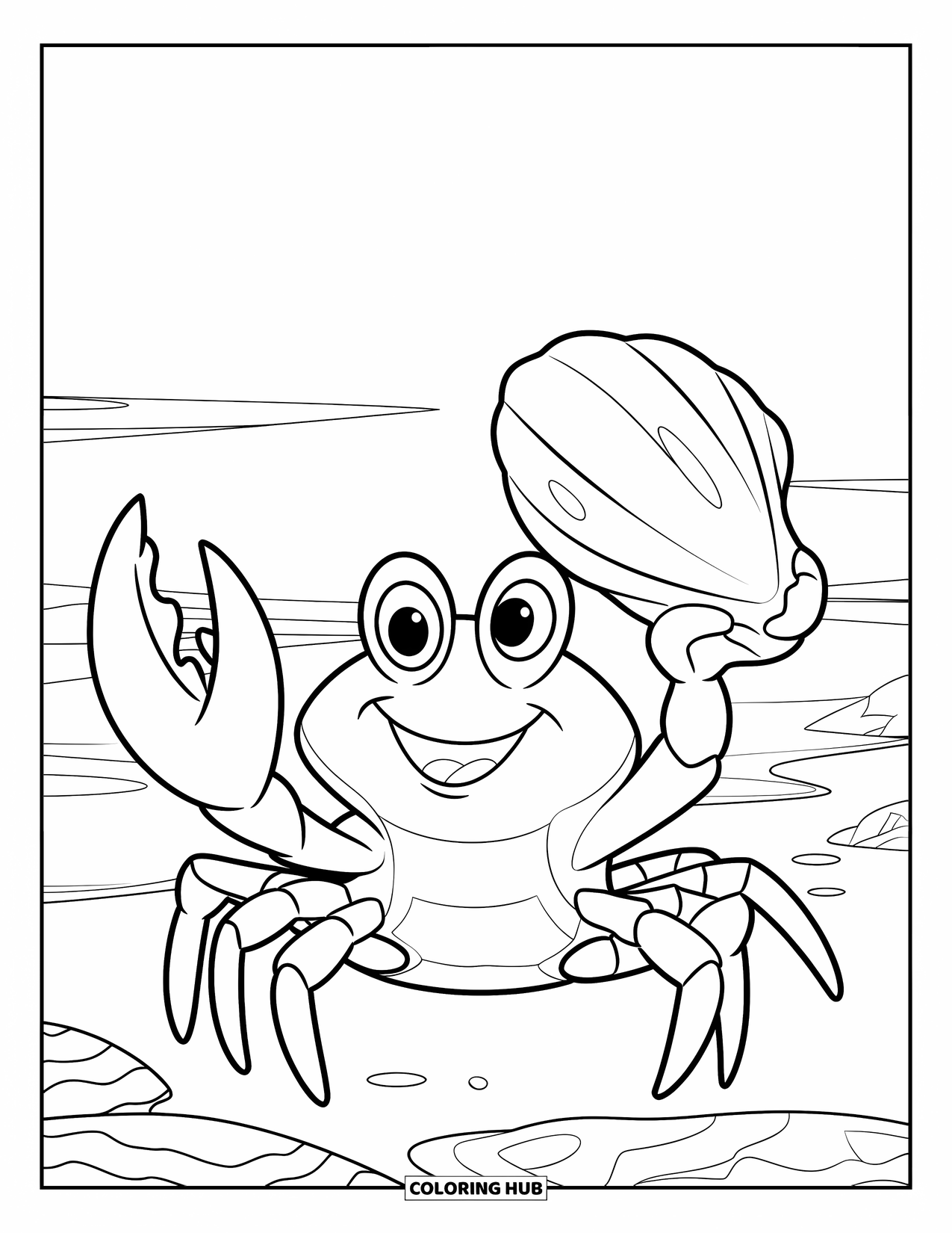 Desenho de Praia para Colorir para Crianças: Um caranguejo sorrindo segura orgulhosamente uma concha em uma praia tranquila