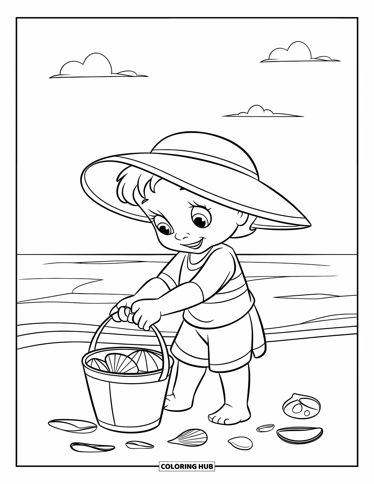 Desenho de Praia para Colorir para Crianças: Uma criança feliz encontra conchas enquanto brinca na areia