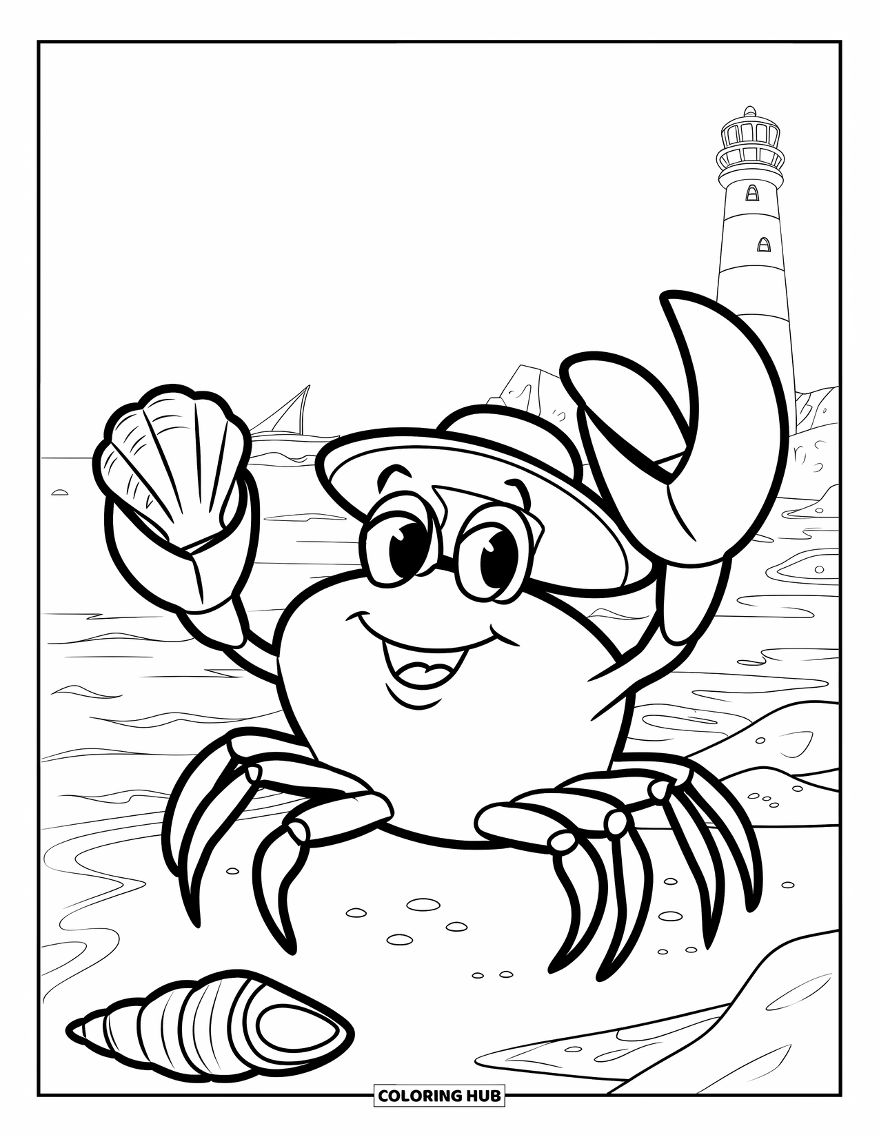 Desenho de Praia para Colorir para Crianças: Um caranguejo feliz de chapéu segura uma concha perto de um farol e um barco