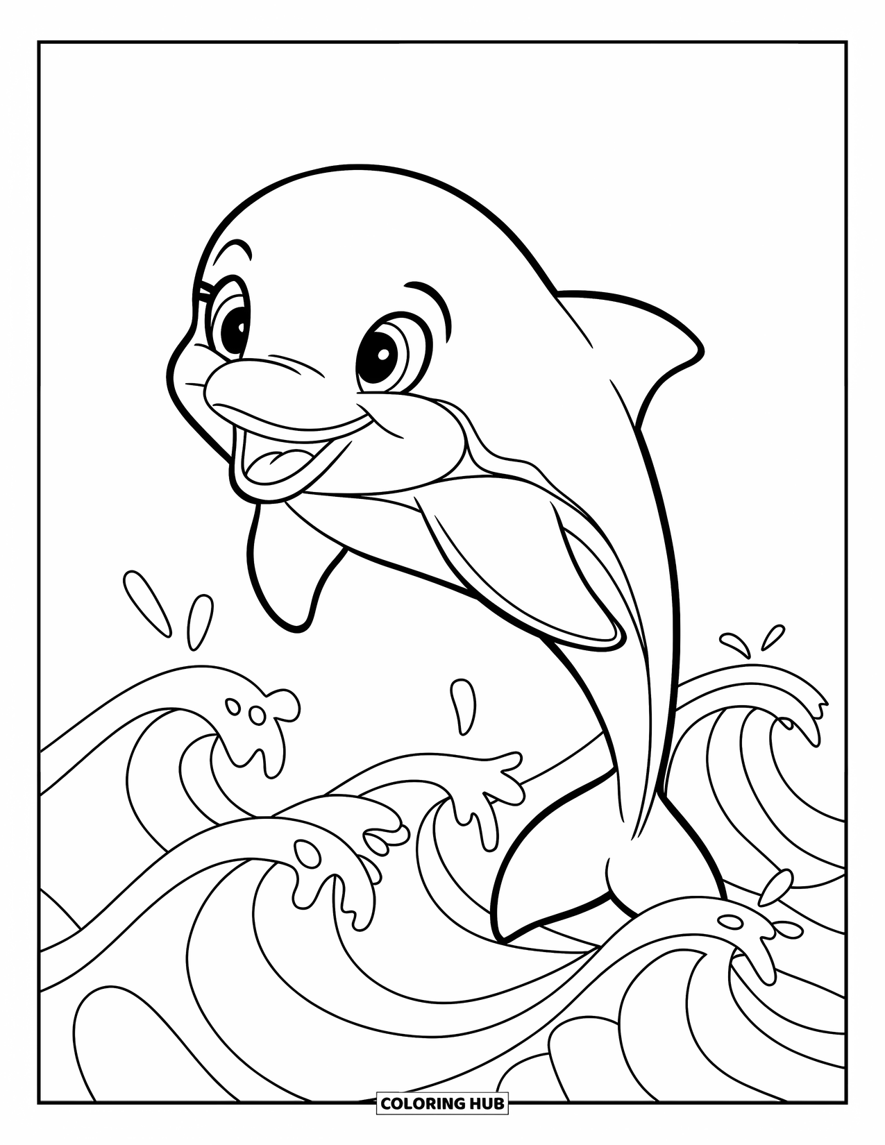 Desenho de Praia para Colorir para Crianças: Um golfinho feliz salta sobre o oceano, espirrando alegremente nas ondas