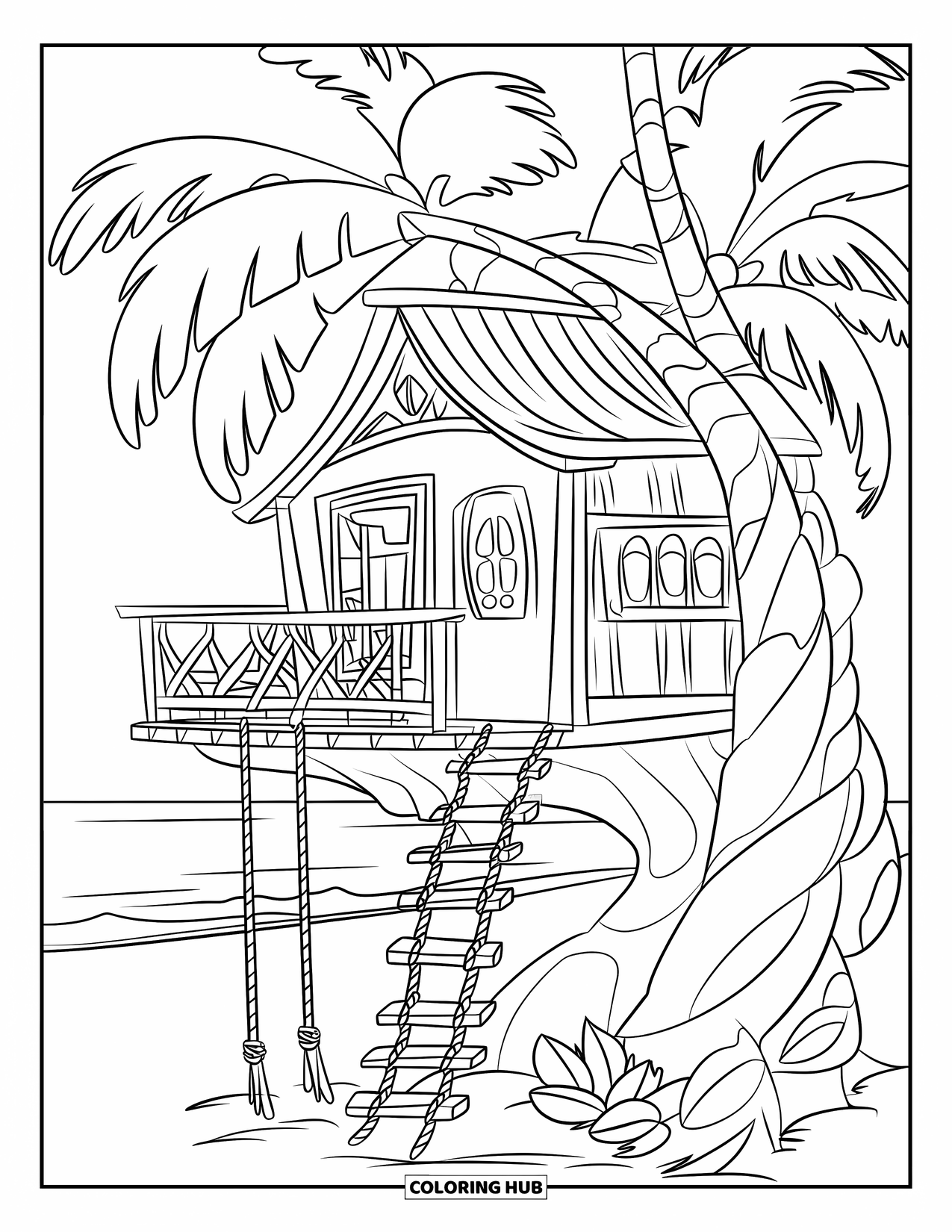 Desenho de Praia para Colorir para Crianças: Uma casa na árvore escondida com uma varanda de madeira e escadas de corda perto da praia