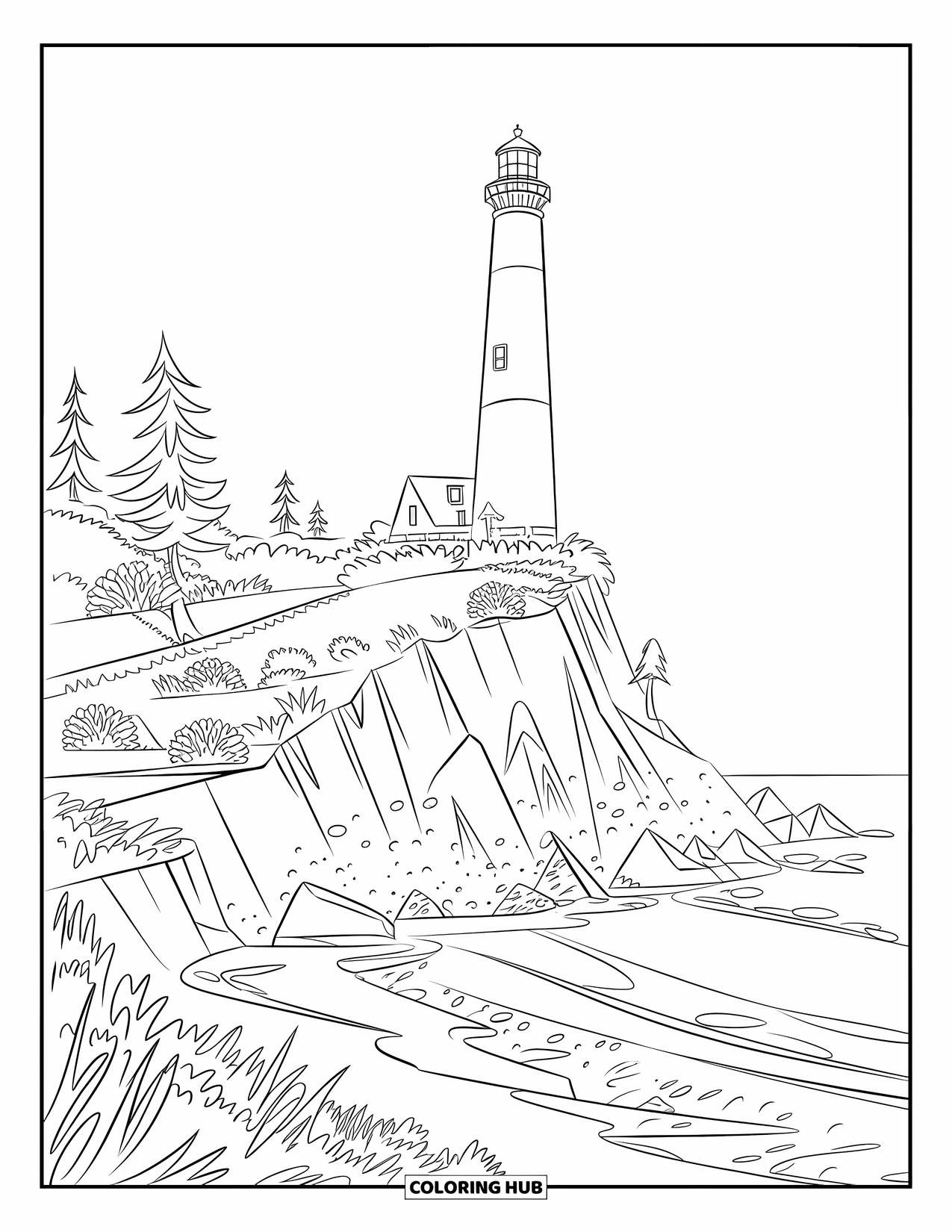 Desenho de Praia para Colorir para Crianças: Um farol empoleirado em um penhasco rochoso, guiando navios sobre o vasto oceano