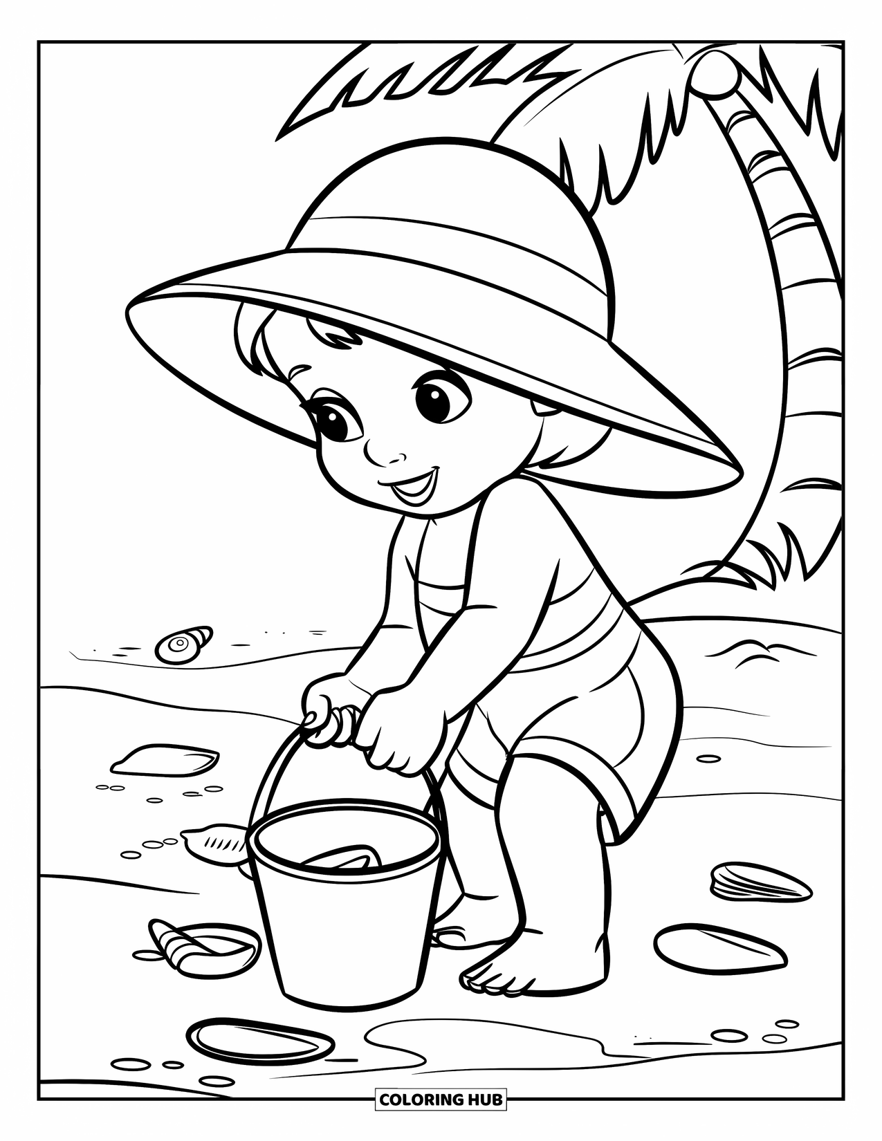 Desenho de Praia para Colorir para Crianças: Um pequeno explorador coleta conchas com um balde na praia