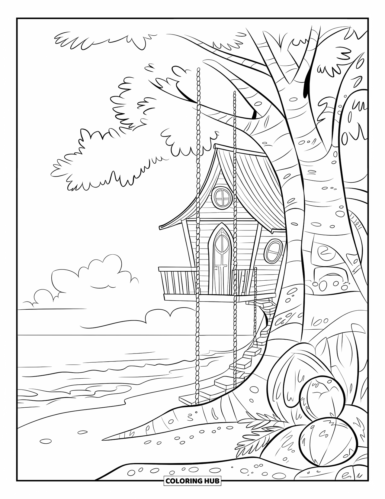 Desenho de Praia para Colorir para Crianças: Uma casa na árvore mágica perto de uma praia, cercada por palmeiras e vista para o oceano