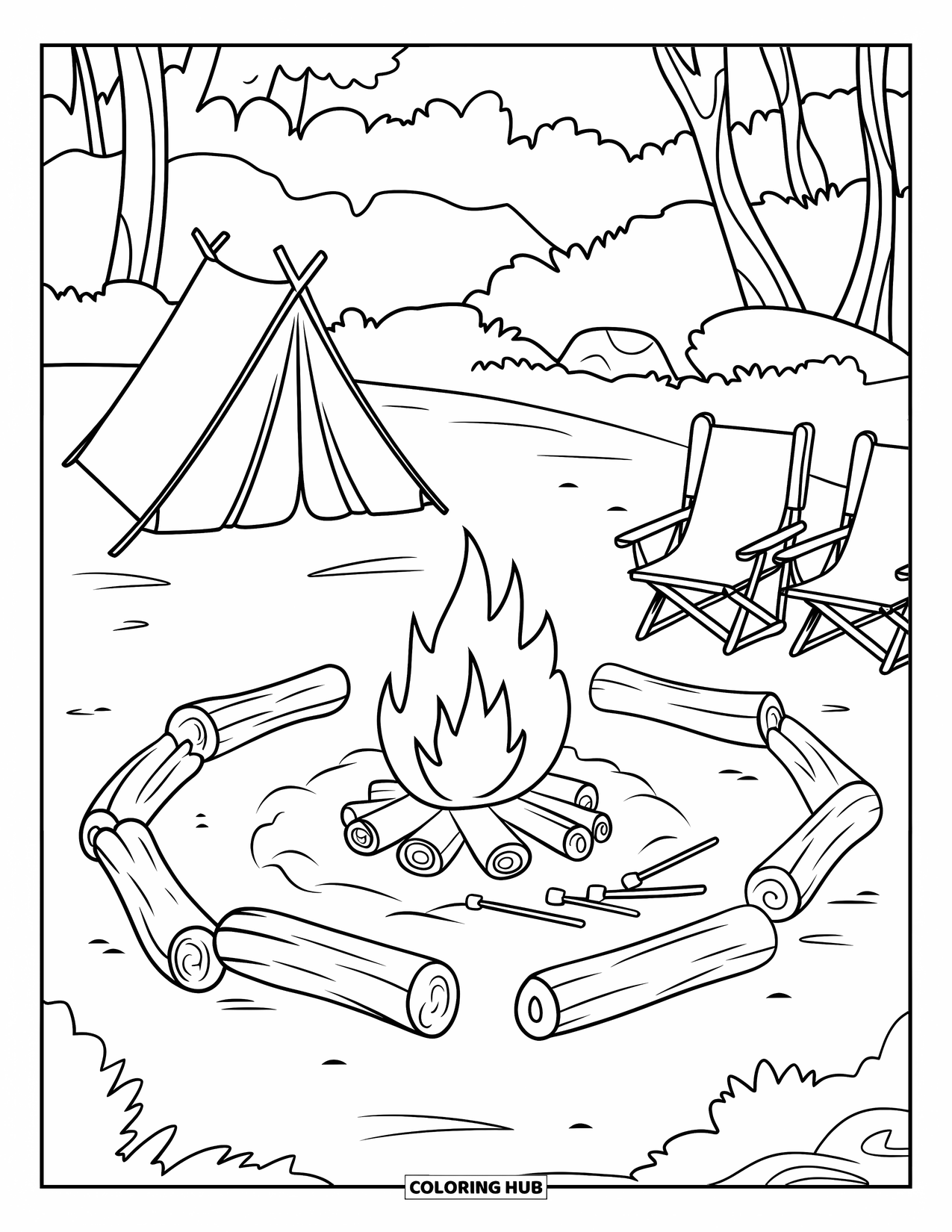 Desenho de Praia para Colorir para Crianças: Uma fogueira tranquila à beira da praia, cercada por toras e um fogo brilhante