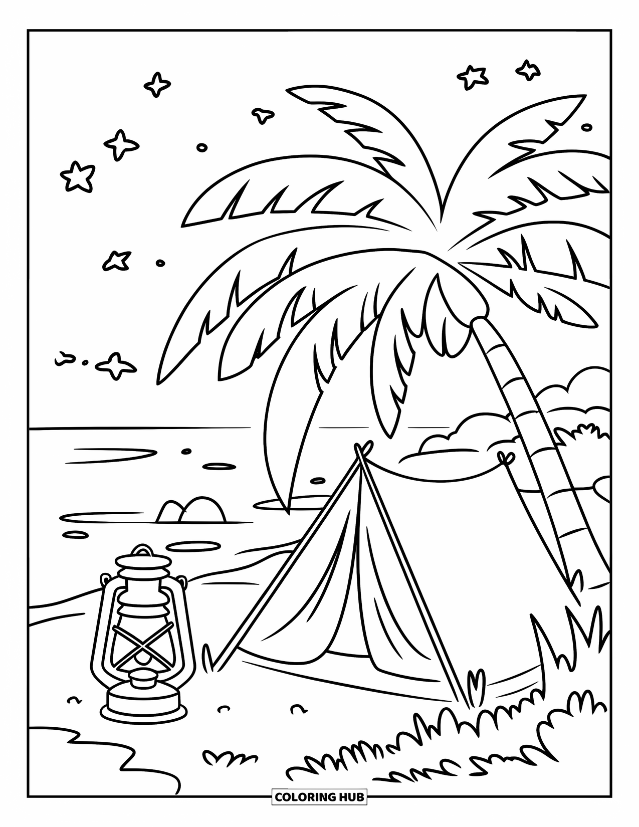 Desenho de Praia para Colorir para Crianças: Um acampamento tranquilo à beira-mar com uma tenda sob as palmeiras