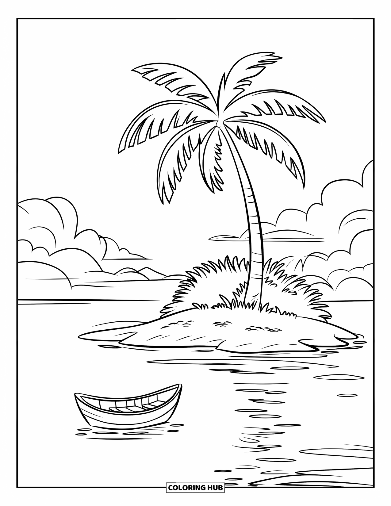 Desenho de Praia para Colorir para Crianças: Uma ilha tranquila com uma palmeira e um pequeno barco balançando suavemente nas ondas