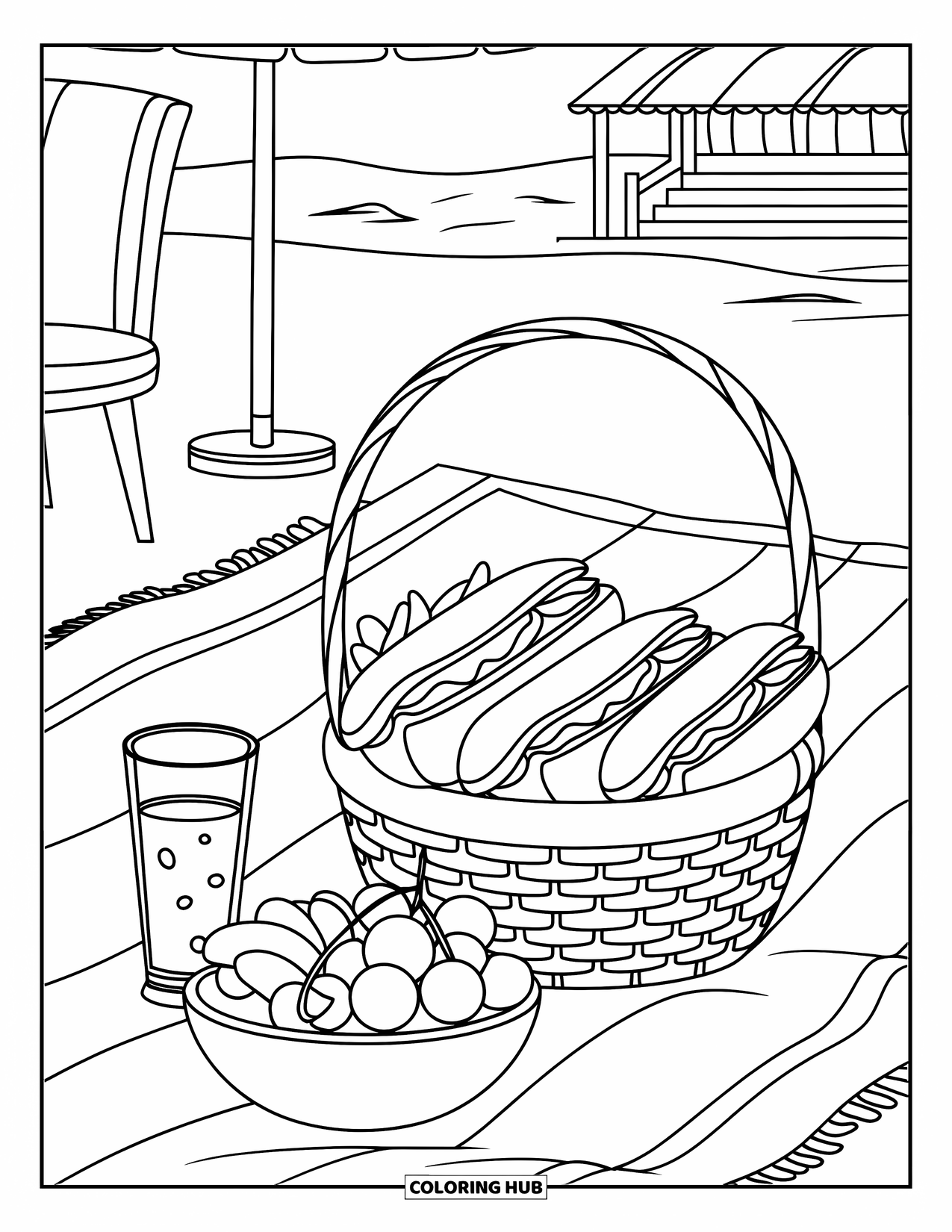 Desenho de Praia para Colorir para Crianças: Um piquenique à beira-mar com sanduíches, frutas e uma bebida em uma manta xadrez