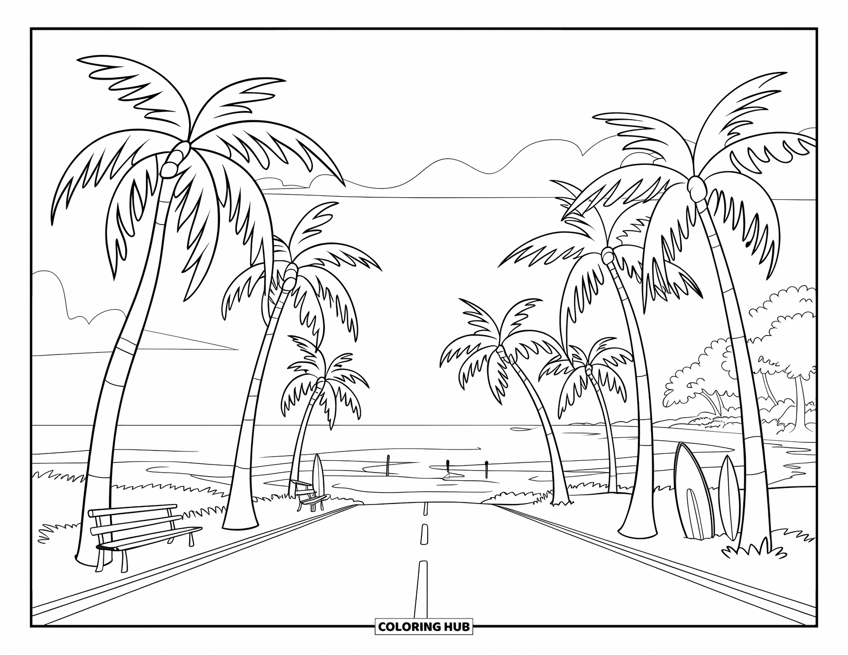 Desenho de Praia para Colorir para Crianças: Uma estrada pitoresca ao longo da costa com palmeiras e praias de areia