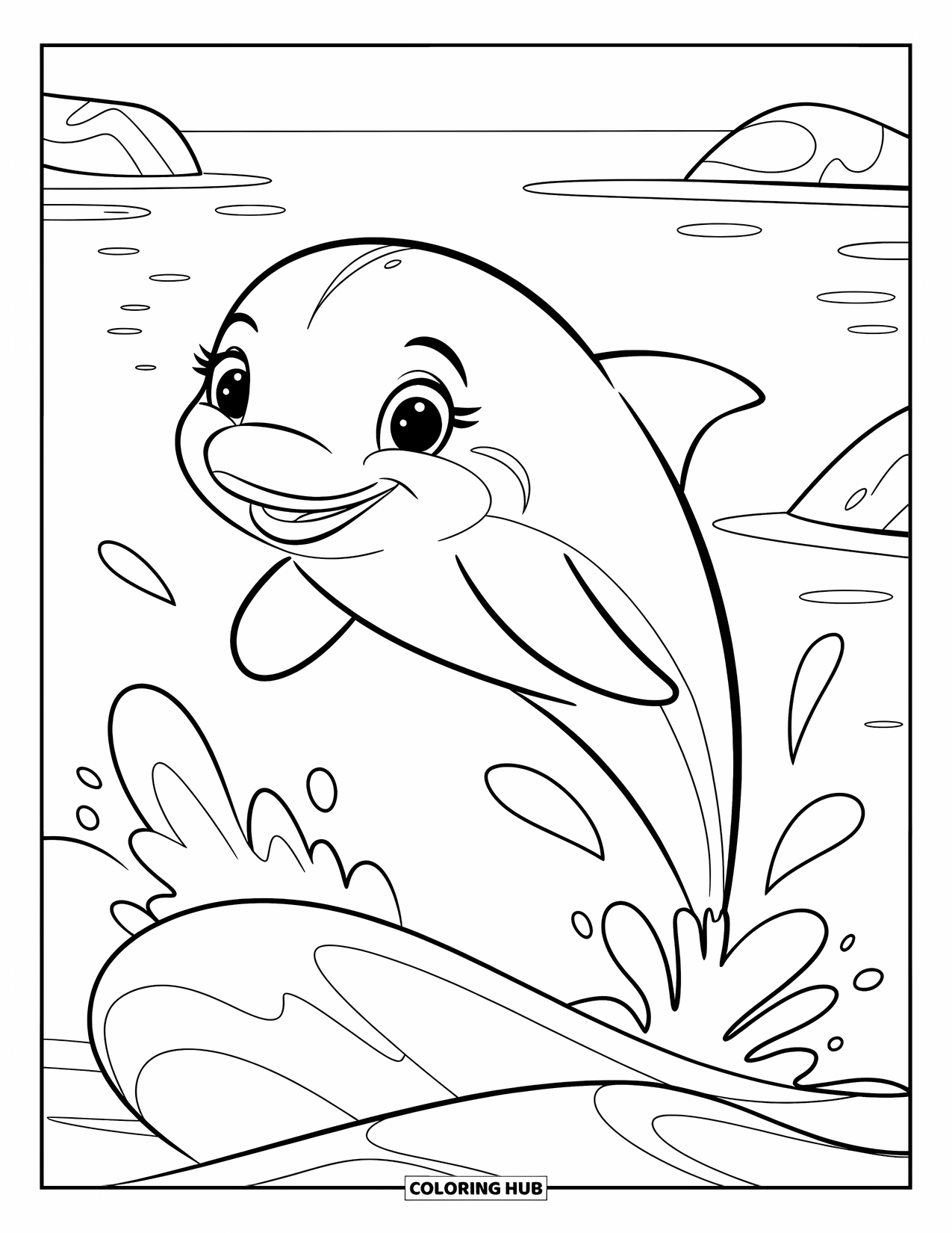 Desenho de Praia para Colorir para Crianças: Um golfinho brincalhão salta sobre as ondas, fazendo um respingo no oceano