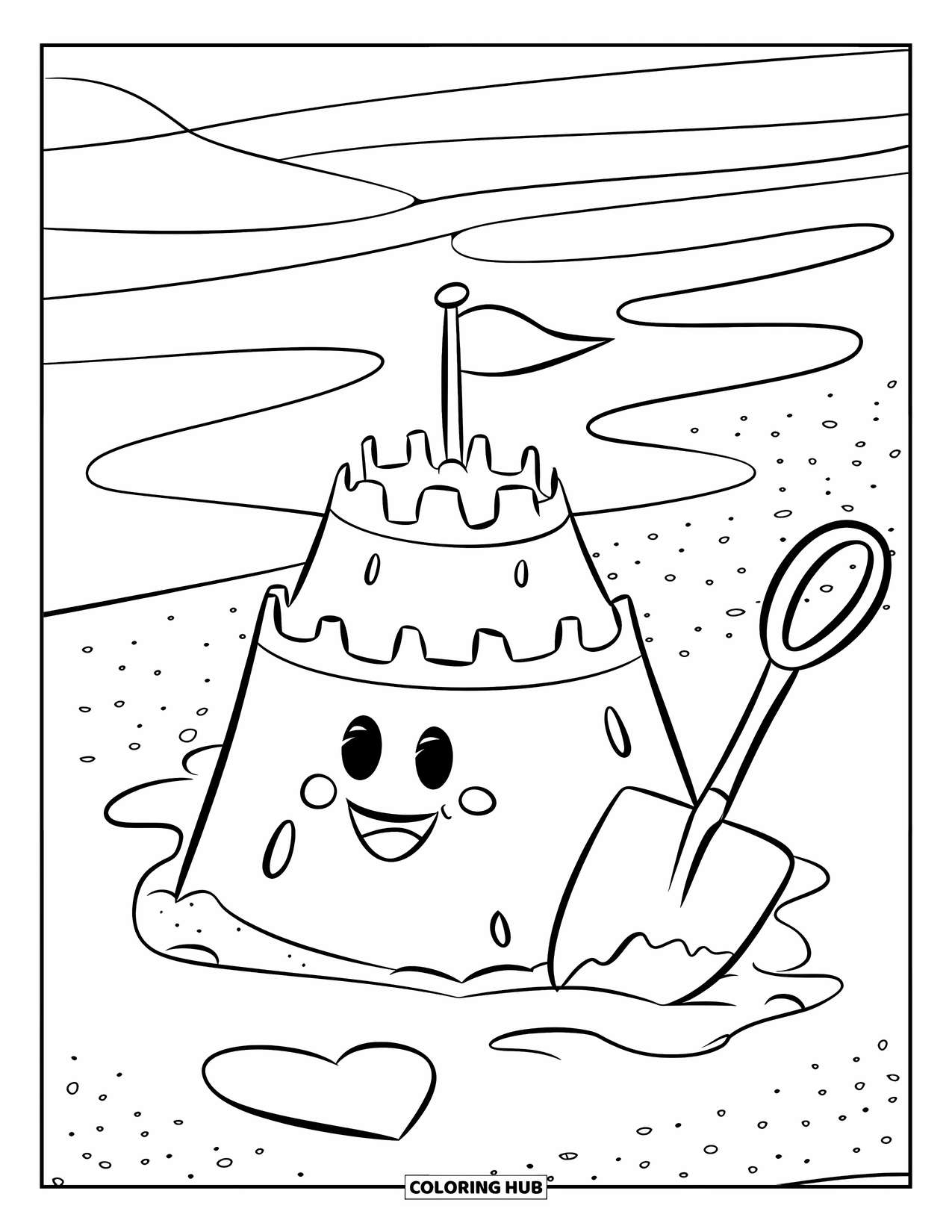 Desenho de Praia para Colorir para Crianças: Um castelo de areia divertido com um rosto sorridente e uma pequena bandeira fica perto das ondas