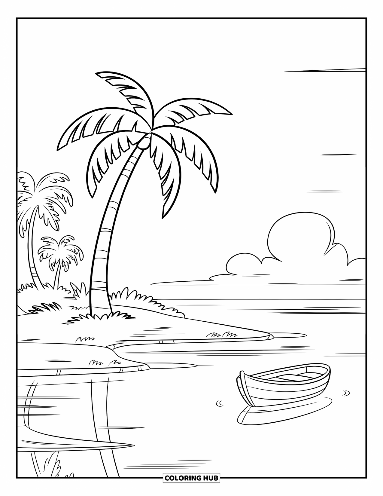 Desenho de Praia para Colorir para Crianças: Uma ilha tropical tranquila com uma única palmeira e um barco de madeira flutuante
