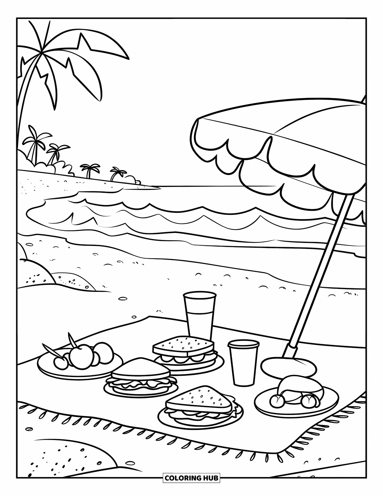 Desenho de Praia para Colorir para Crianças: Um piquenique de praia relaxante com uma cesta de lanches, frutas frescas e bebidas geladas