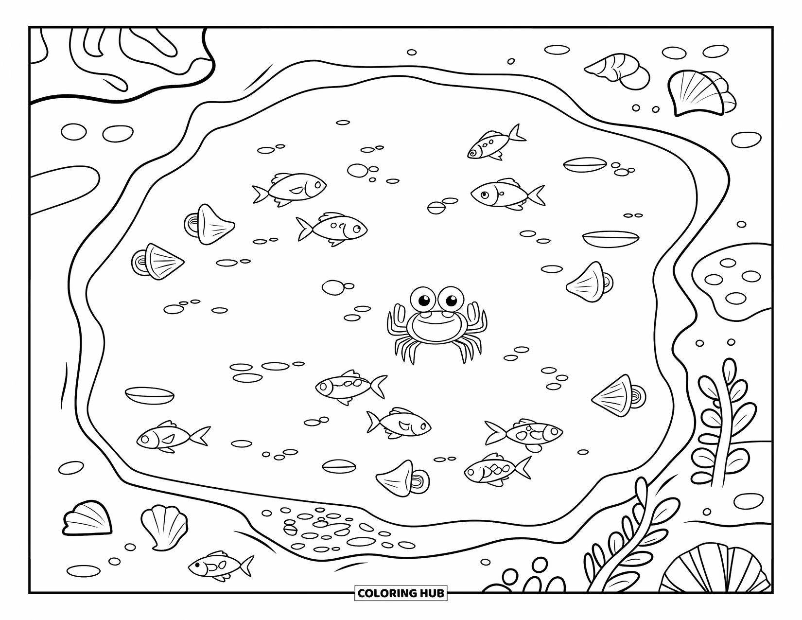 Desenho de Praia para Colorir para Crianças: Uma poça de maré rochosa cheia de criaturas marinhas e ondas suaves do oceano por perto