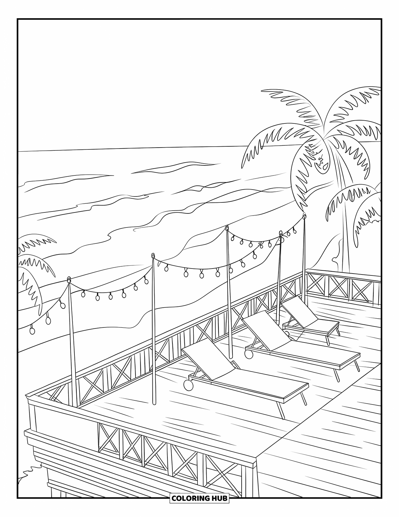 Desenho de Praia para Colorir para Crianças: Um terraço na cobertura com espreguiçadeiras e luzes de corda com vista para o oceano