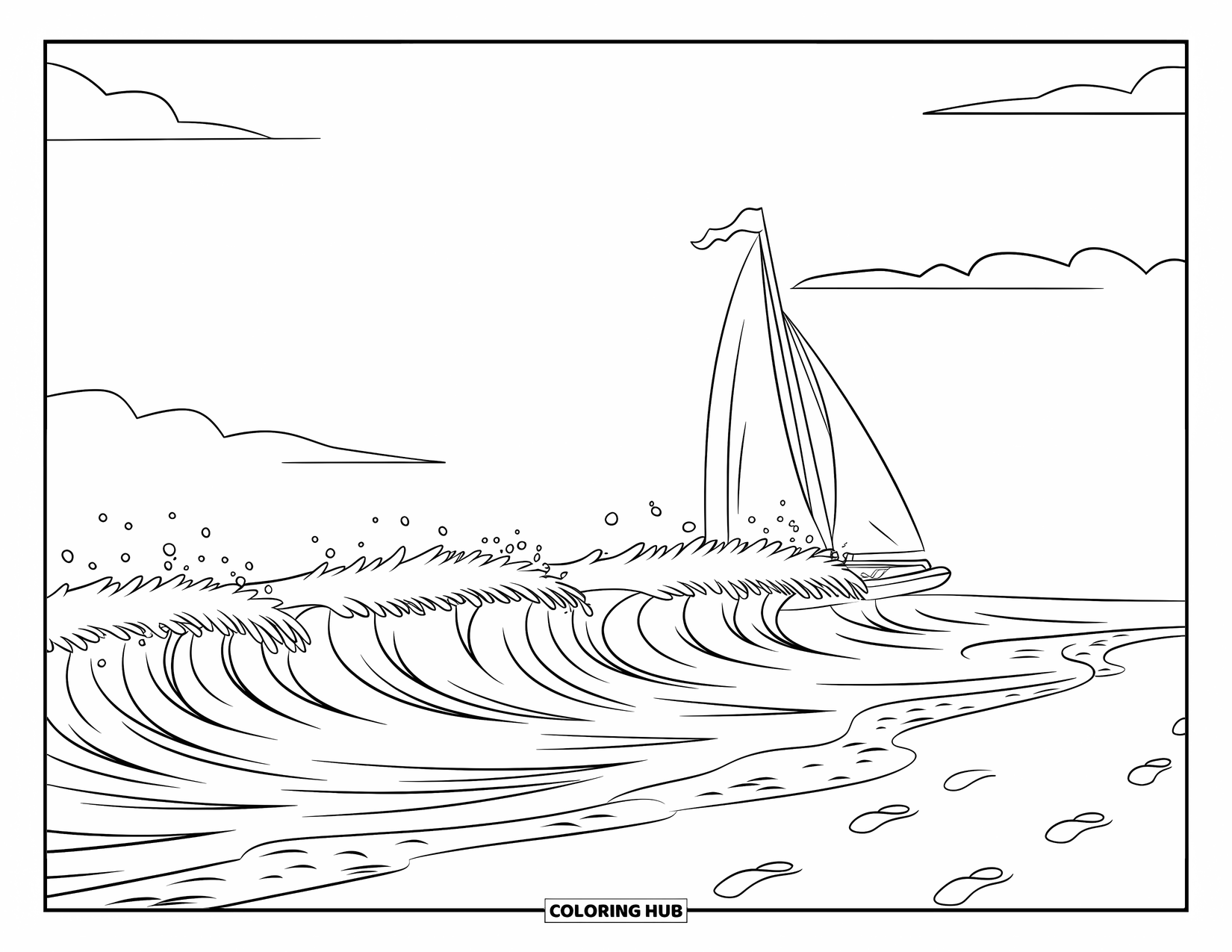 Desenho de Praia para Colorir para Crianças: Um veleiro navega pelo horizonte enquanto as ondas quebram na costa
