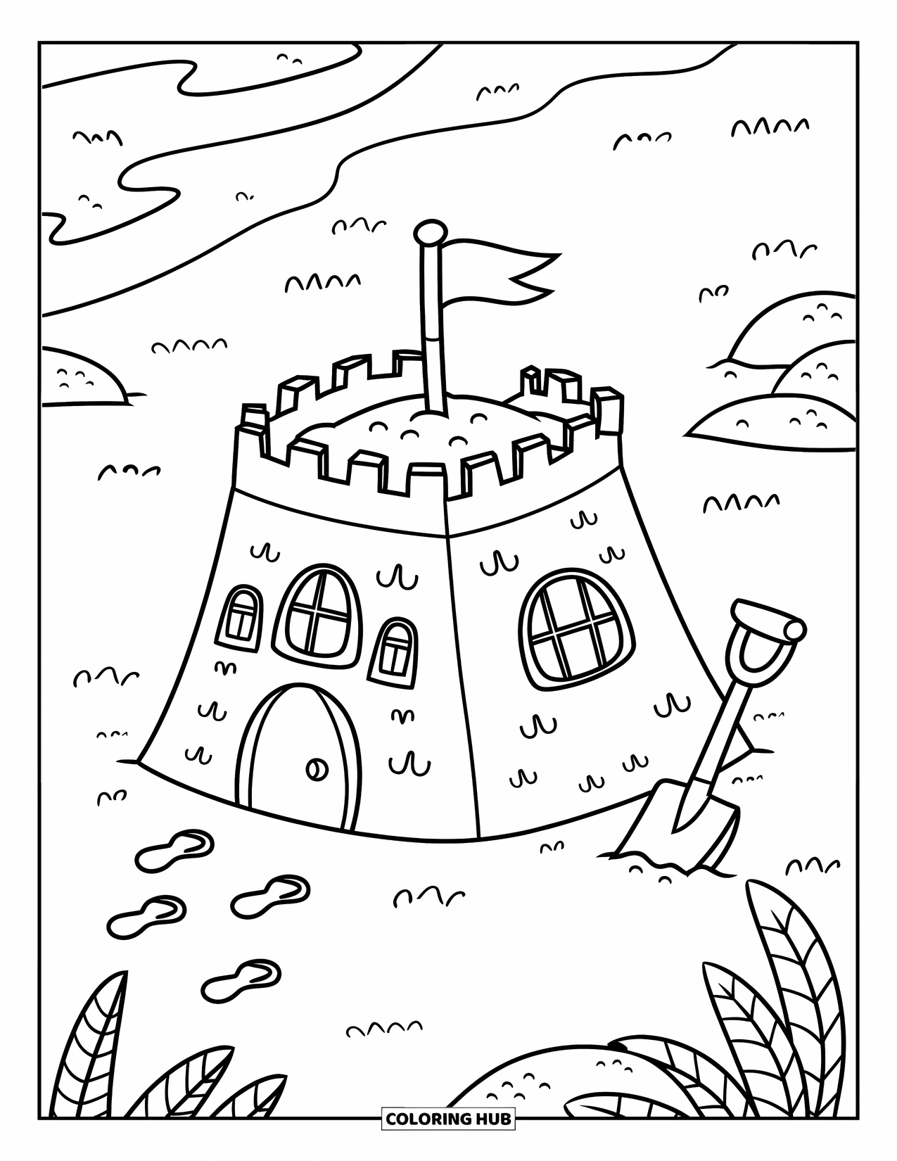 Desenho de Praia para Colorir para Crianças: Um castelo de areia com janelas e uma bandeira, cercado por pegadas na areia