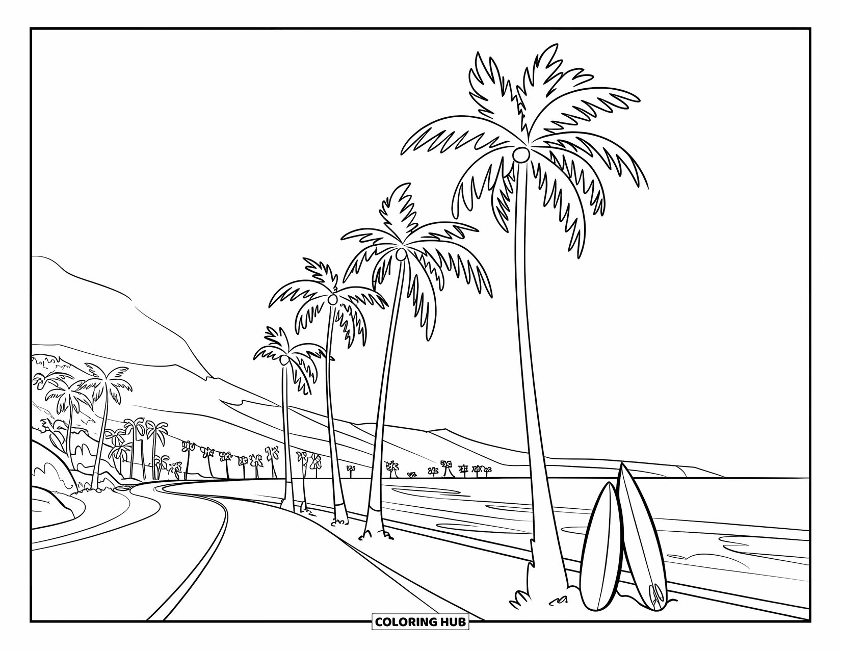 Desenho de Praia para Colorir para Crianças: Uma estrada costeira cênica ladeada de palmeiras, levando a uma praia iluminada pelo sol