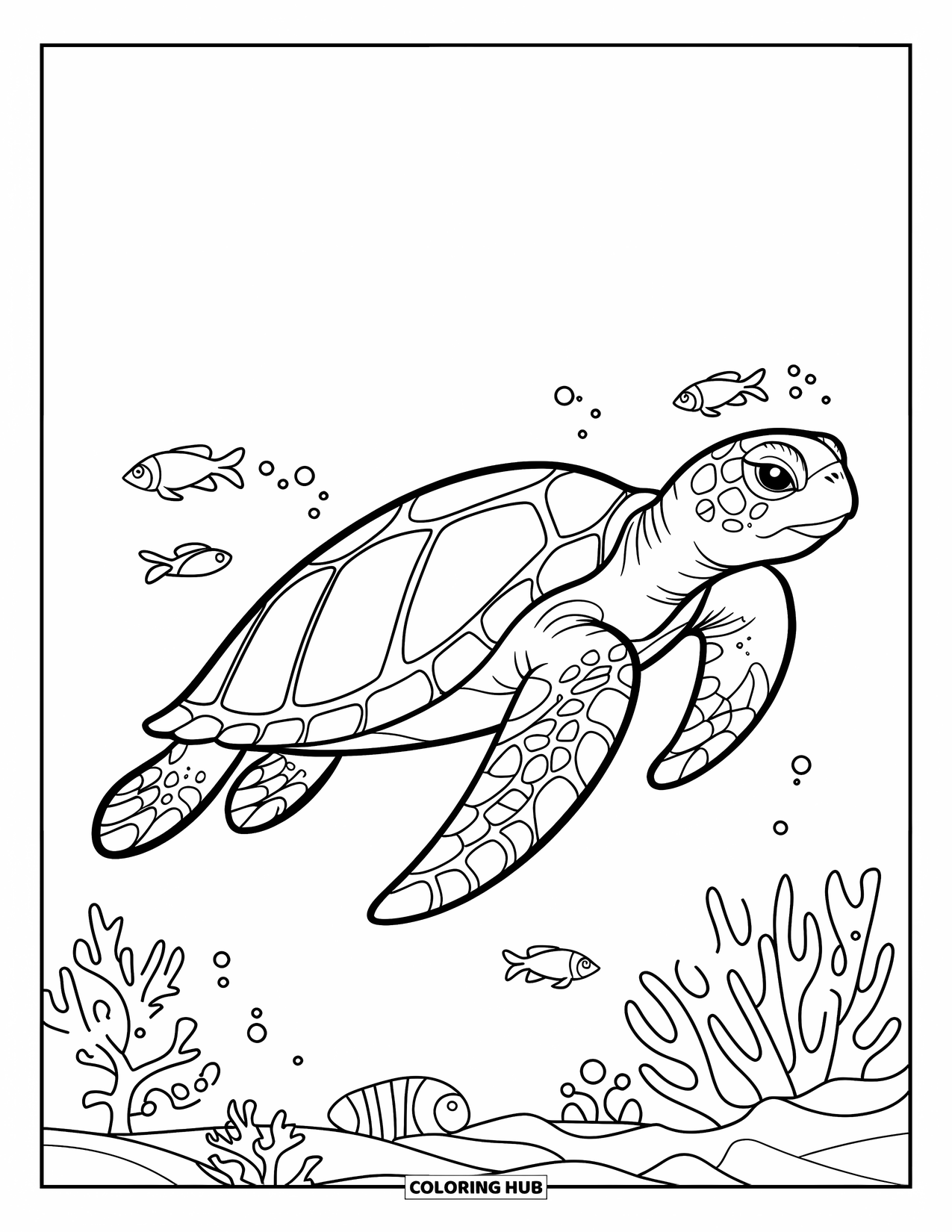 Desenho de Praia para Colorir para Crianças: Uma tartaruga marinha nada por recifes de coral, cercada por pequenos peixes