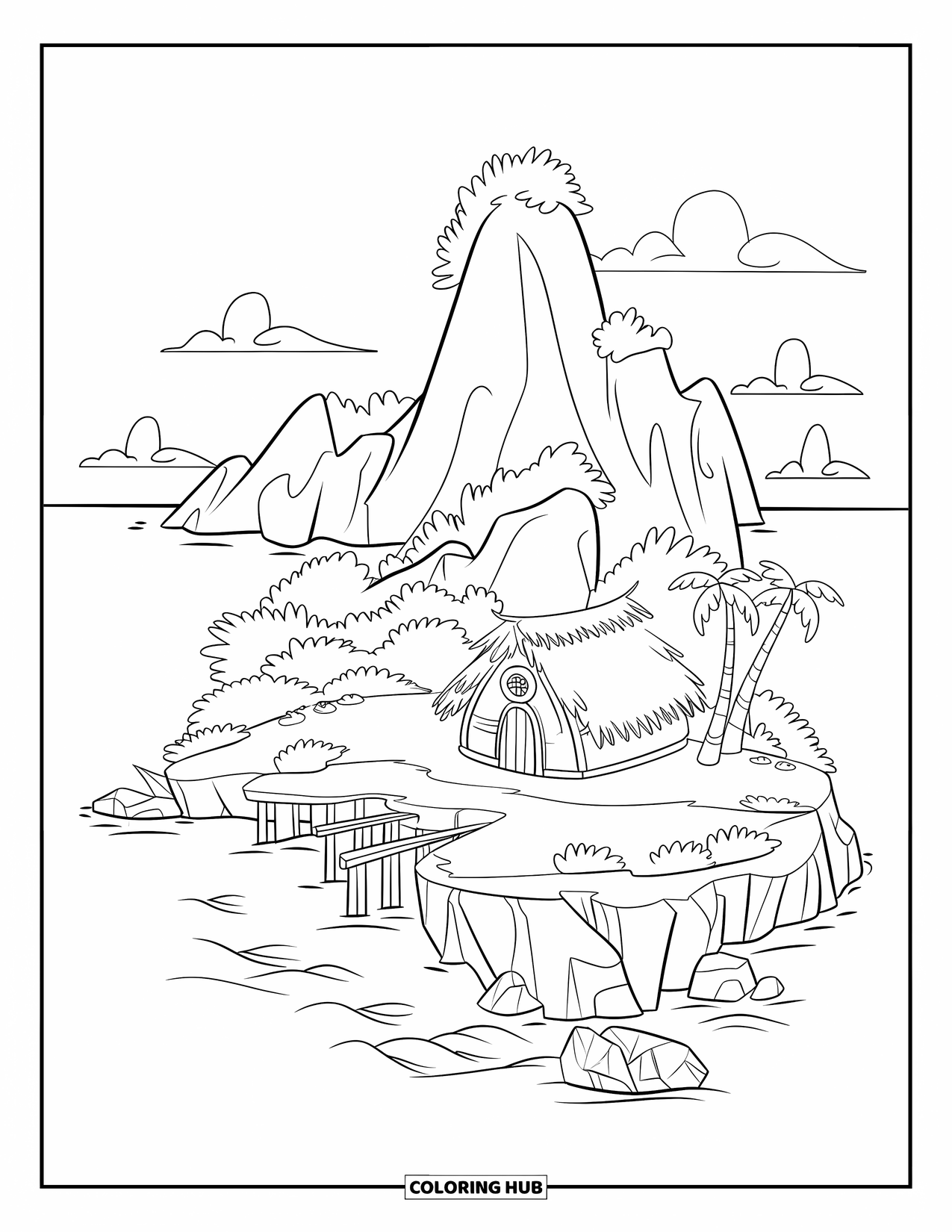Desenho de Praia para Colorir para Crianças: Uma ilha isolada com uma pequena cabana sobre palafitas, cercada por palmeiras e ondas do oceano