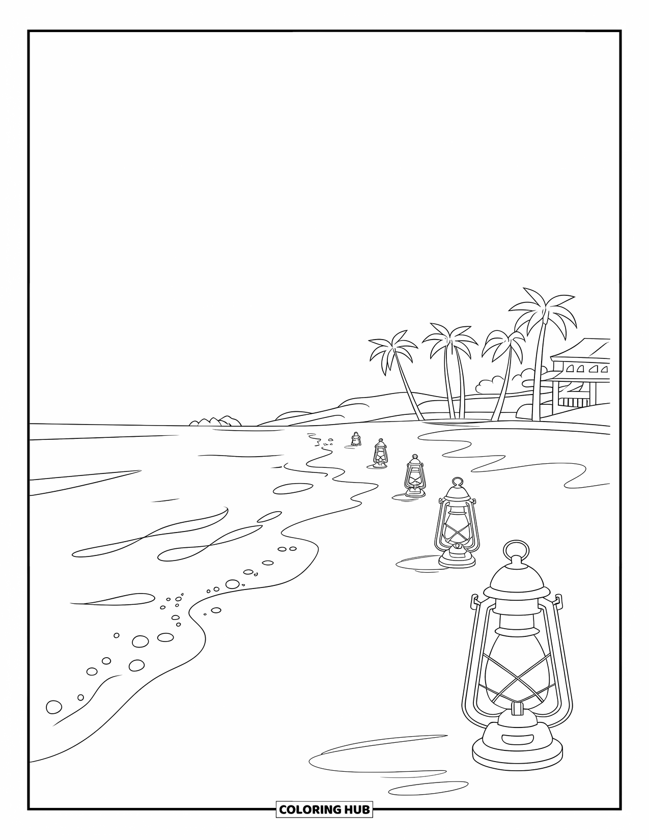 Desenho de Praia para Colorir para Crianças: Uma cena de praia serena ao entardecer, iluminada por lanternas e ondas suaves