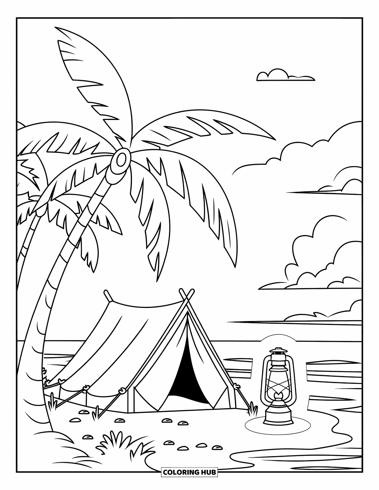 Desenho de Praia para Colorir para Crianças: Uma pequena tenda montada perto de palmeiras, brilhando suavemente sob uma lanterna à beira-mar
