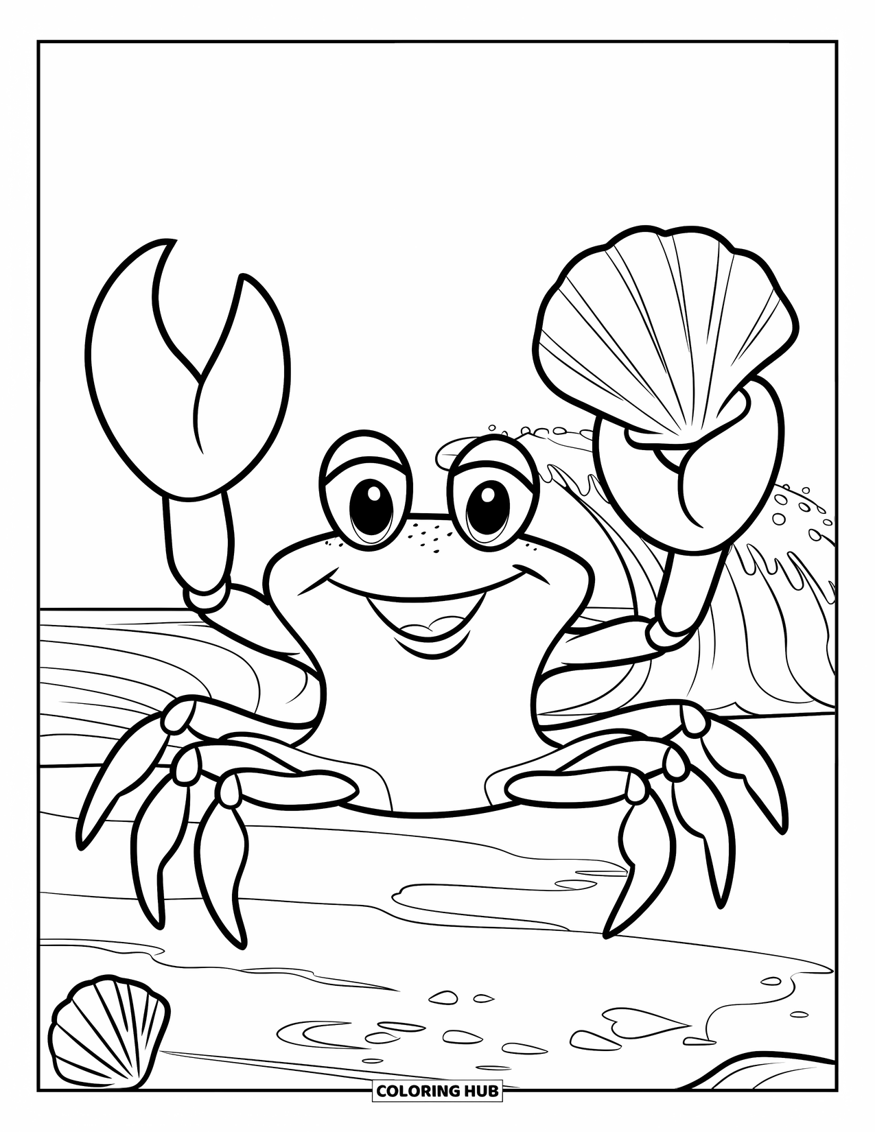 Desenho de Praia para Colorir para Crianças: Um caranguejo sorrindo com olhos grandes segura uma concha enquanto as ondas quebram por perto