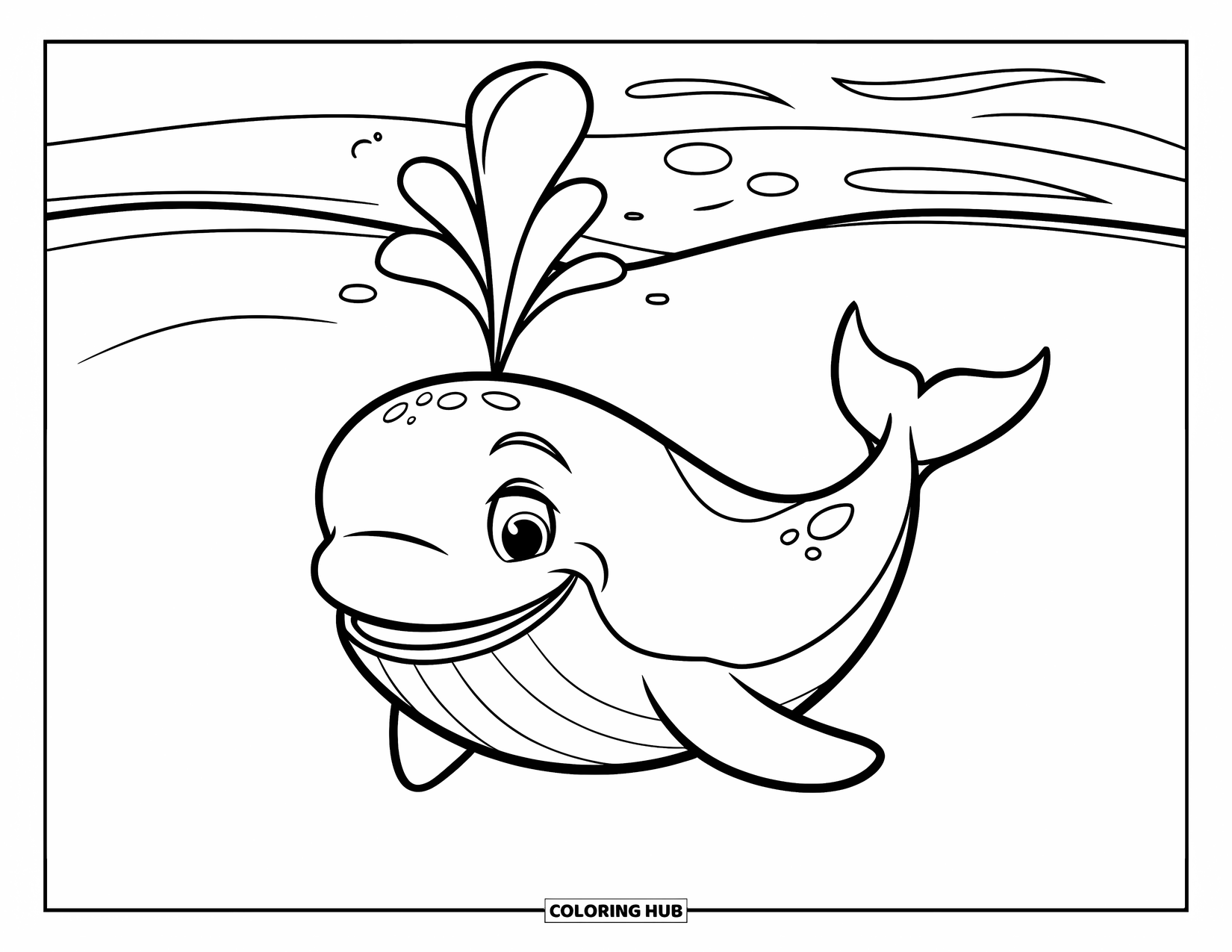 Desenho de Praia para Colorir para Crianças: Uma baleia sorridente espirra no oceano, cercada por pequenos peixes