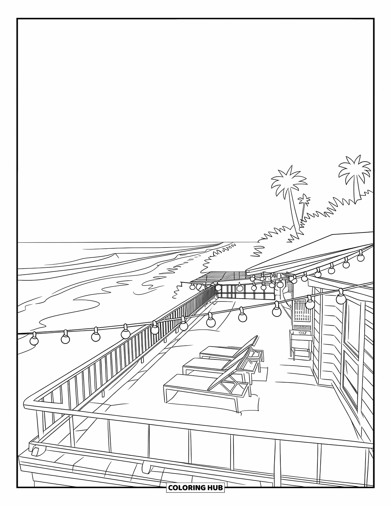Desenho de Praia para Colorir para Crianças: Um terraço elegante à beira-mar com espreguiçadeiras e uma vista deslumbrante para o mar