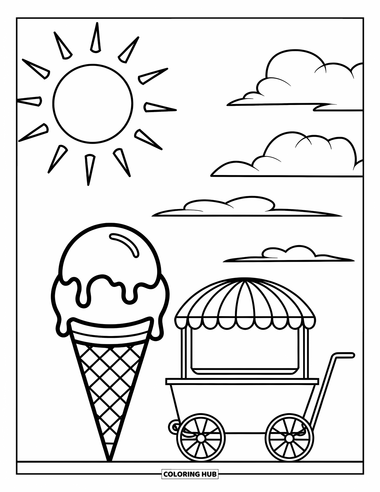 Desenho de Praia para Colorir para Crianças: Um sorvete doce derretendo em um dia ensolarado
