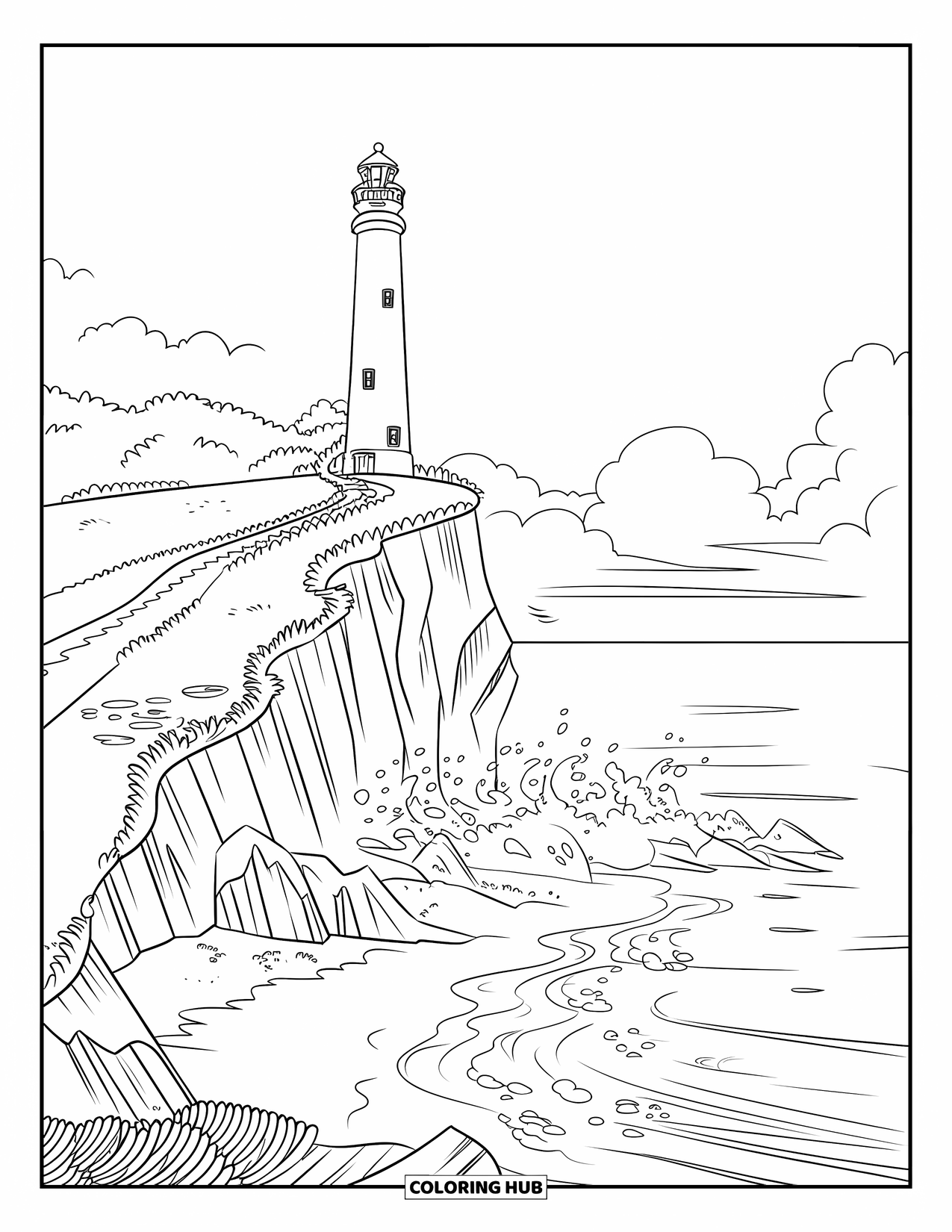 Desenho de Praia para Colorir para Crianças: Um farol alto ergue-se em um penhasco enquanto as ondas quebram contra a costa rochosa