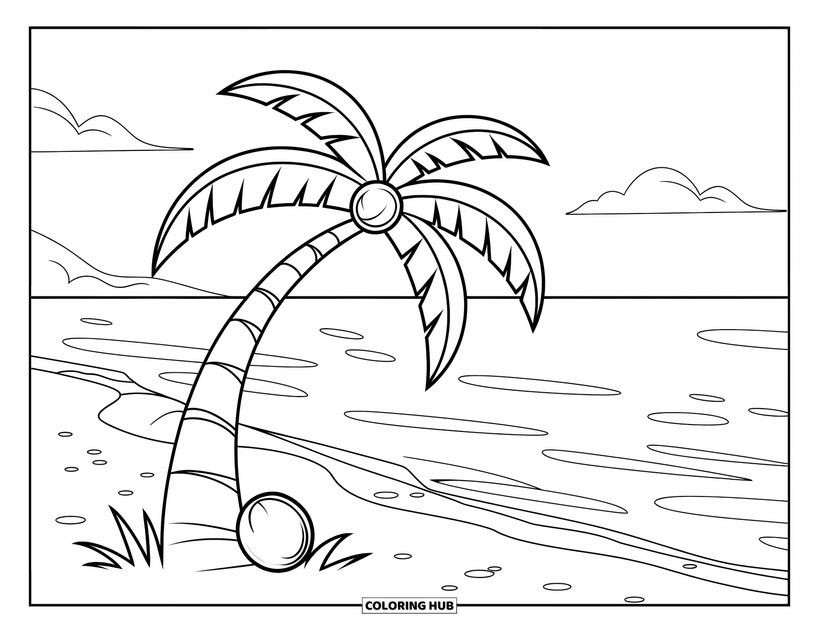 Desenho de Praia para Colorir para Crianças: Uma alta palmeira com cocos, em uma praia tranquila