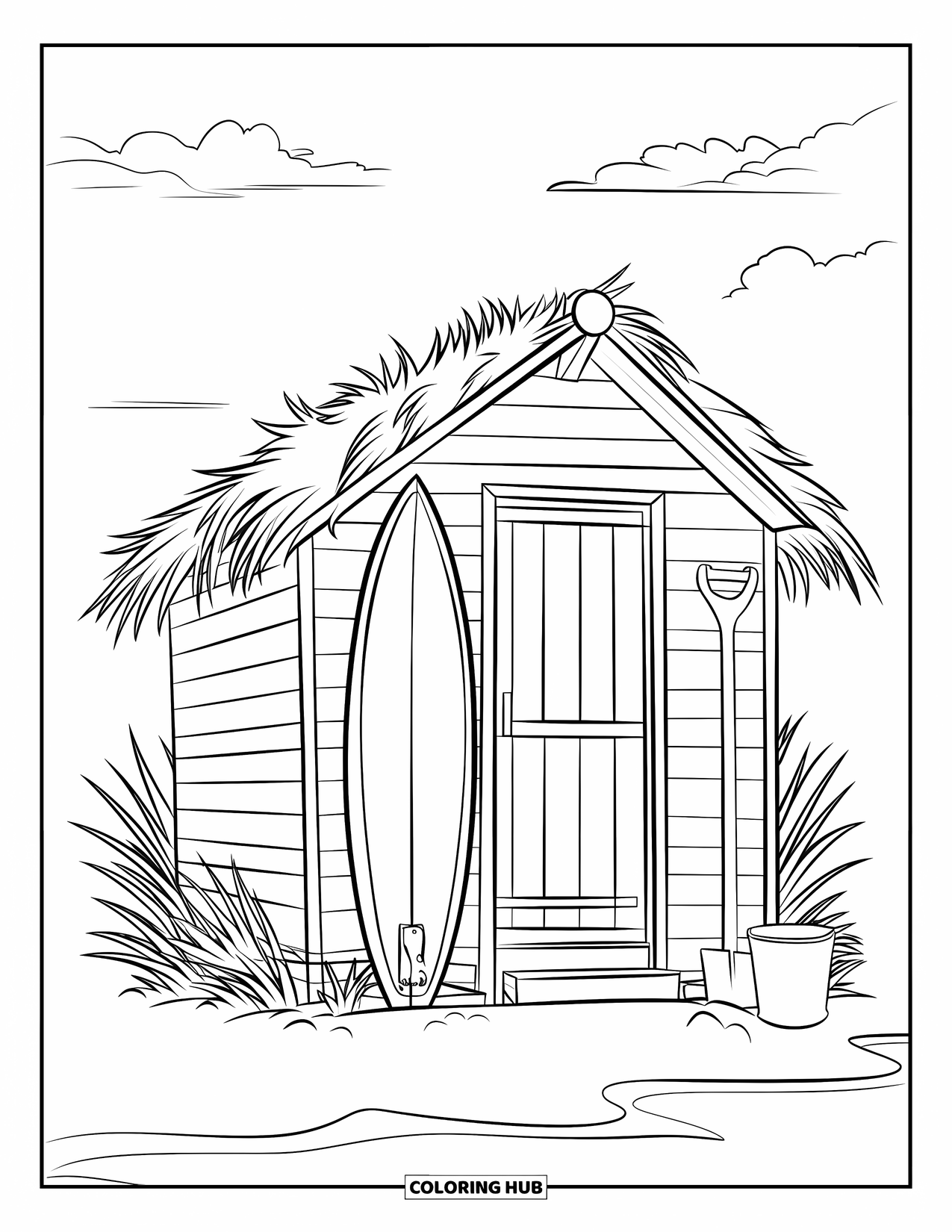 Desenho de Praia para Colorir para Crianças: Uma pequena cabana de praia com uma prancha de surfe, uma porta de madeira e um balde na areia