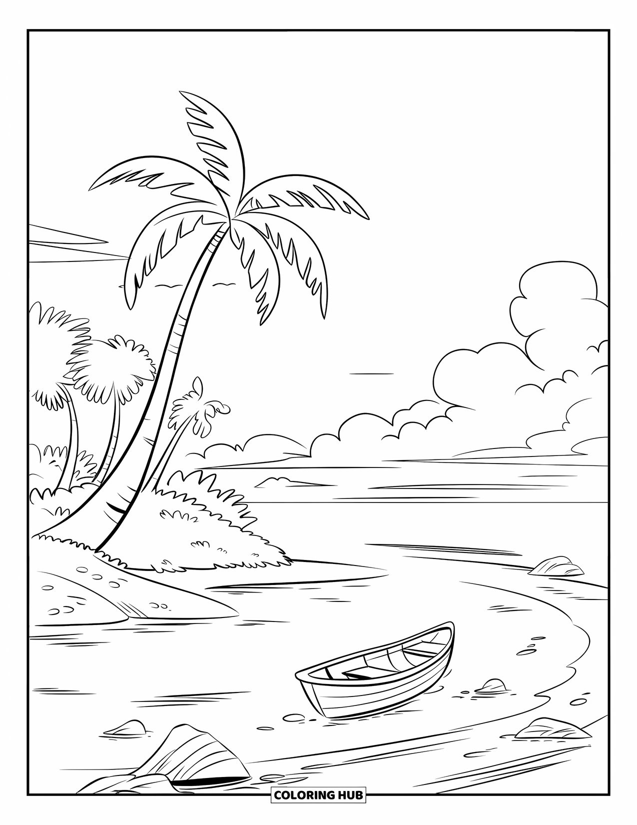 Desenho de Praia para Colorir para Crianças: Uma pequena ilha com uma praia de areia, uma palmeira e uma vista calma do oceano