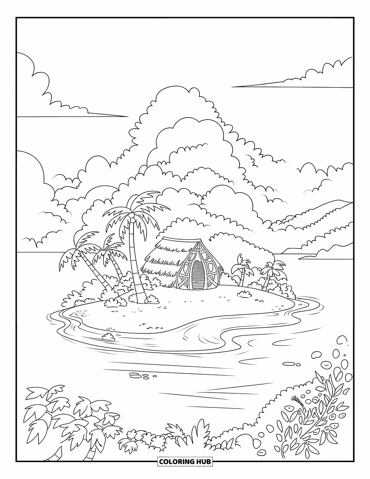 Desenho de Praia para Colorir para Crianças: Uma pequena ilha com uma cabana de palha, cercada por palmeiras e águas azuis