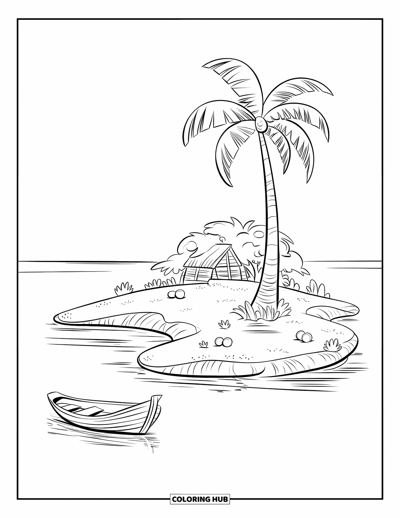 Desenho de Praia para Colorir para Crianças: Uma pequena ilha tropical com uma única palmeira e um barco de madeira flutuando por perto
