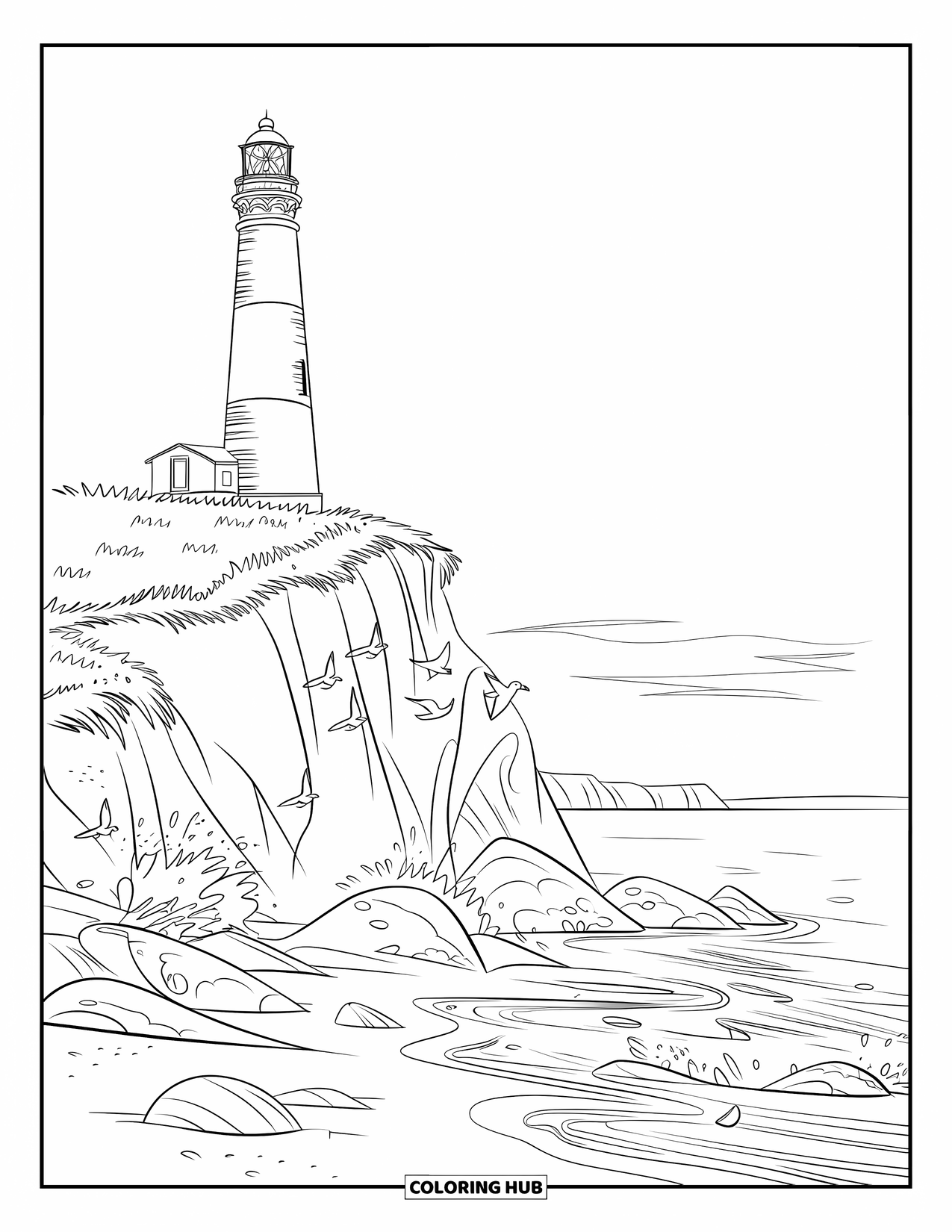 Desenho de Praia para Colorir para Crianças: Um farol imponente em um penhasco costeiro com ondas quebrando abaixo