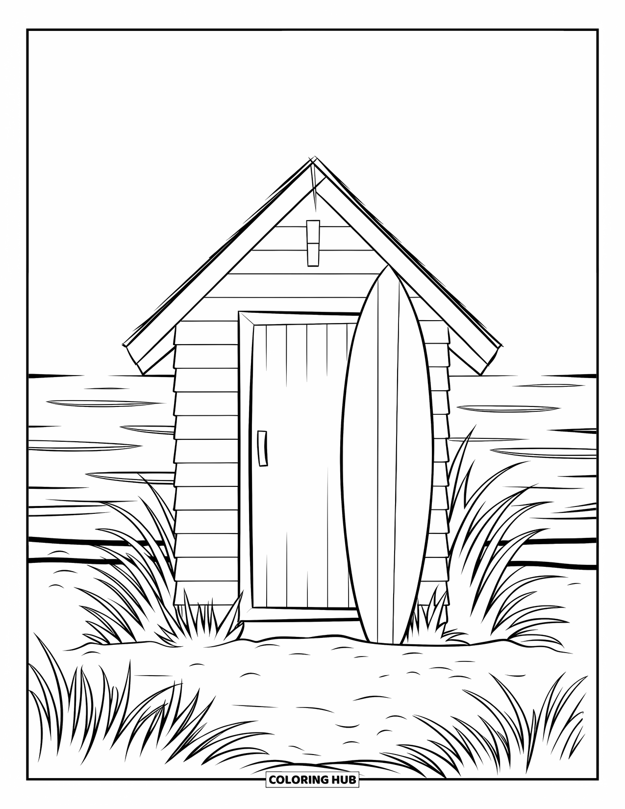 Desenho de Praia para Colorir para Crianças: Uma cabana de praia de madeira com uma prancha de surfe, aninhada entre a grama alta da praia