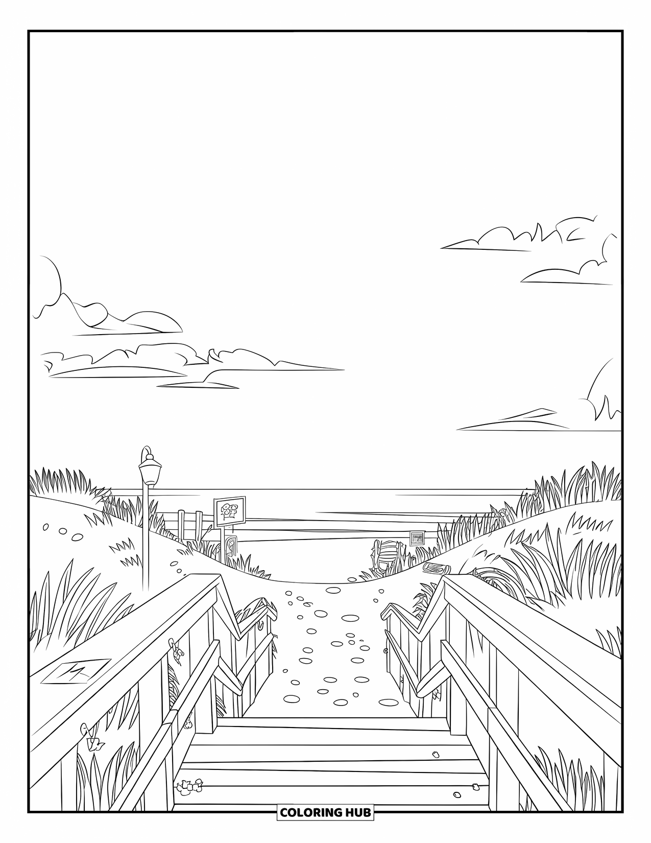 Desenho de Praia para Colorir para Crianças: Um calçadão de madeira que se estende em direção ao oceano, cercado por grama de praia