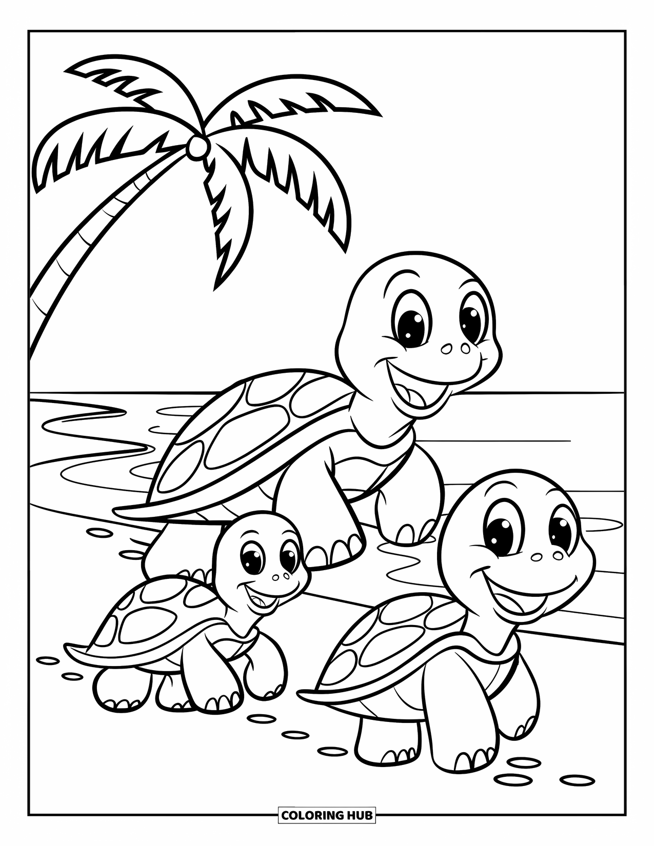 Desenho de Praia para Colorir para Crianças: Três tartarugas adoráveis ​​caminham ao longo da costa, deixando pegadas para trás