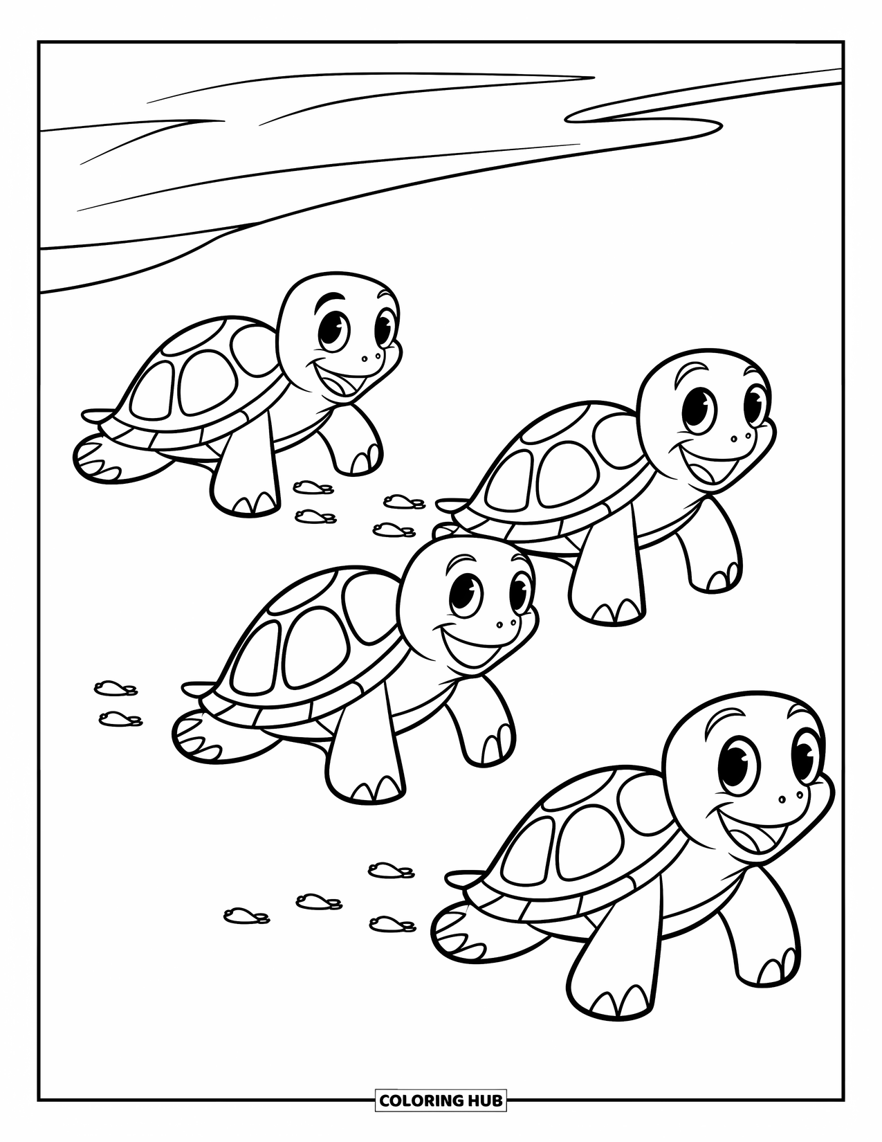Desenho de Praia para Colorir para Crianças: Três tartarugas felizes deixam pequenas pegadas enquanto caminham pela praia