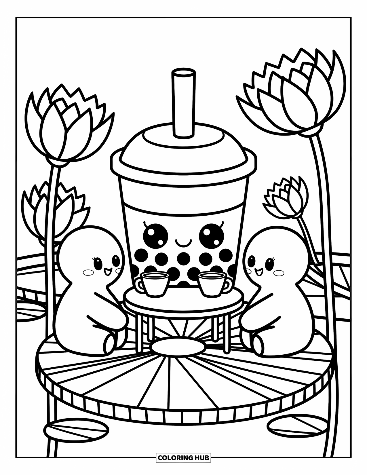 Boba Tea Kleurplaat voor Volwassenen: Een boba beker en parelvrienden zitten op een lelieblad en genieten samen van kleine drankjes