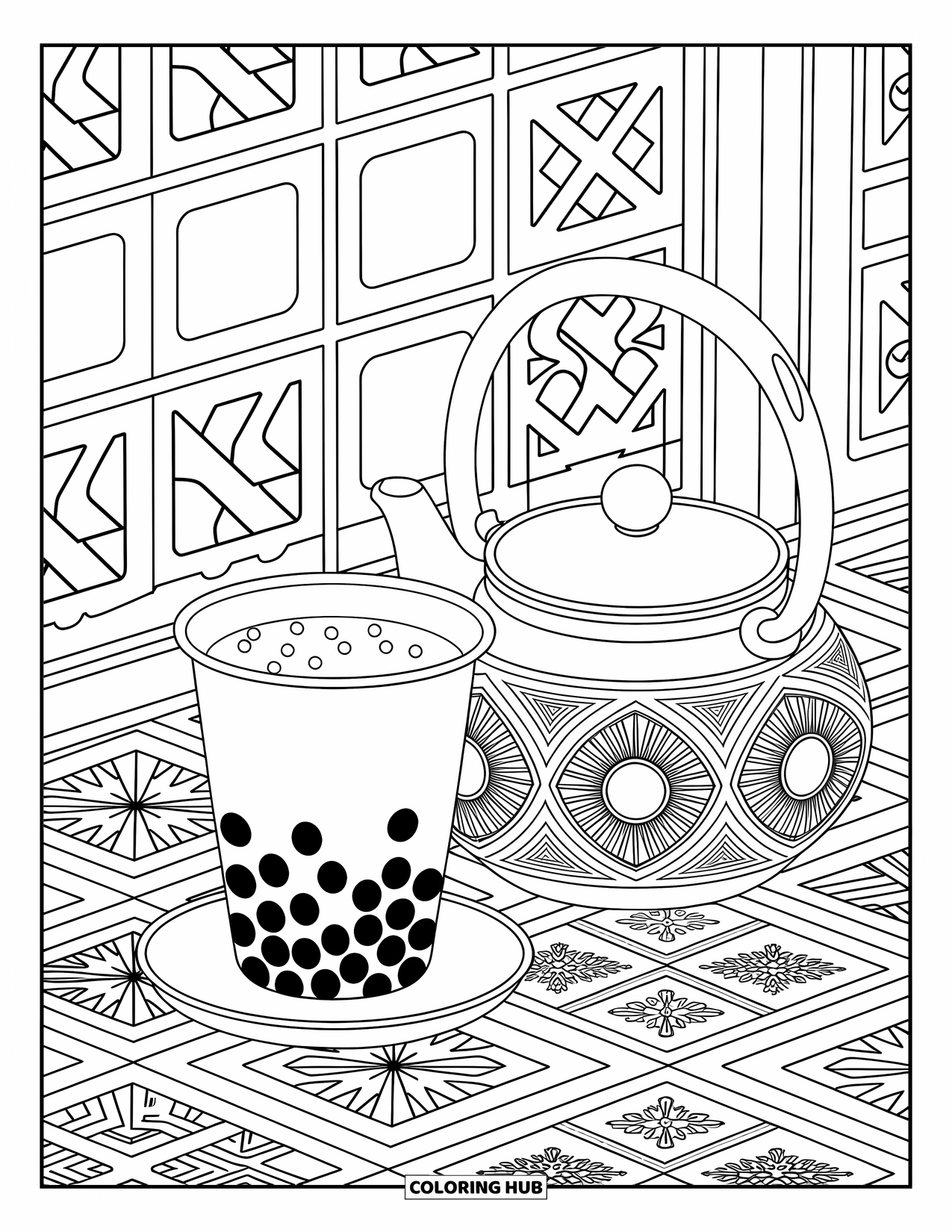Boba Tea Kleurplaat voor Volwassenen: Een boba beker en theepot zitten samen, omringd door elegante tegelpatronen en rondingen
